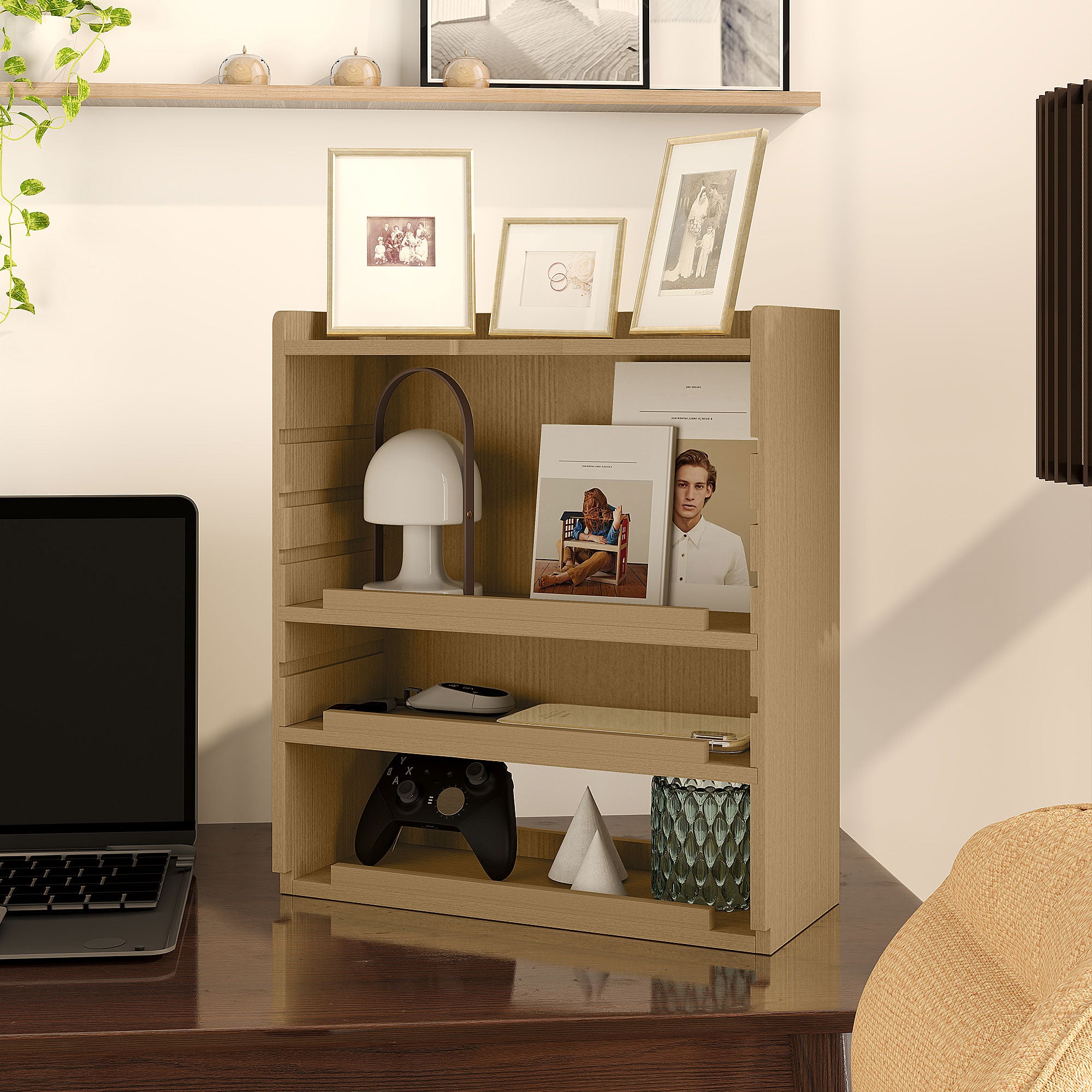 HOMCOM 4-Tier Desk Organiser, Multifunctional Assembled Desktop Organiser with Adjustable Shelves and Cable Management for Stationery, Office Supplies, Paper, Oak Tone