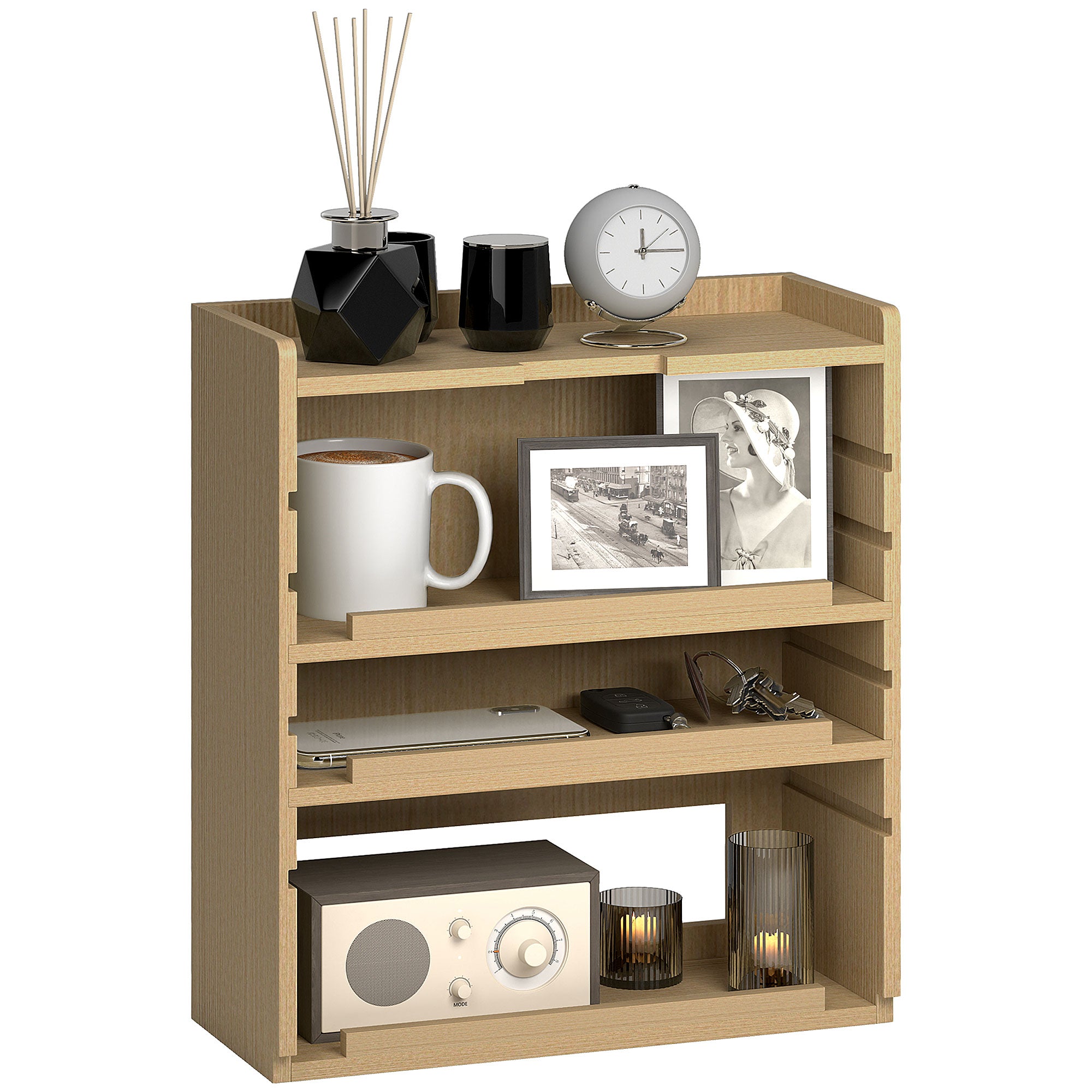 HOMCOM 4-Tier Desk Organiser, Multifunctional Assembled Desktop Organiser with Adjustable Shelves and Cable Management for Stationery, Office Supplies, Paper, Oak Tone