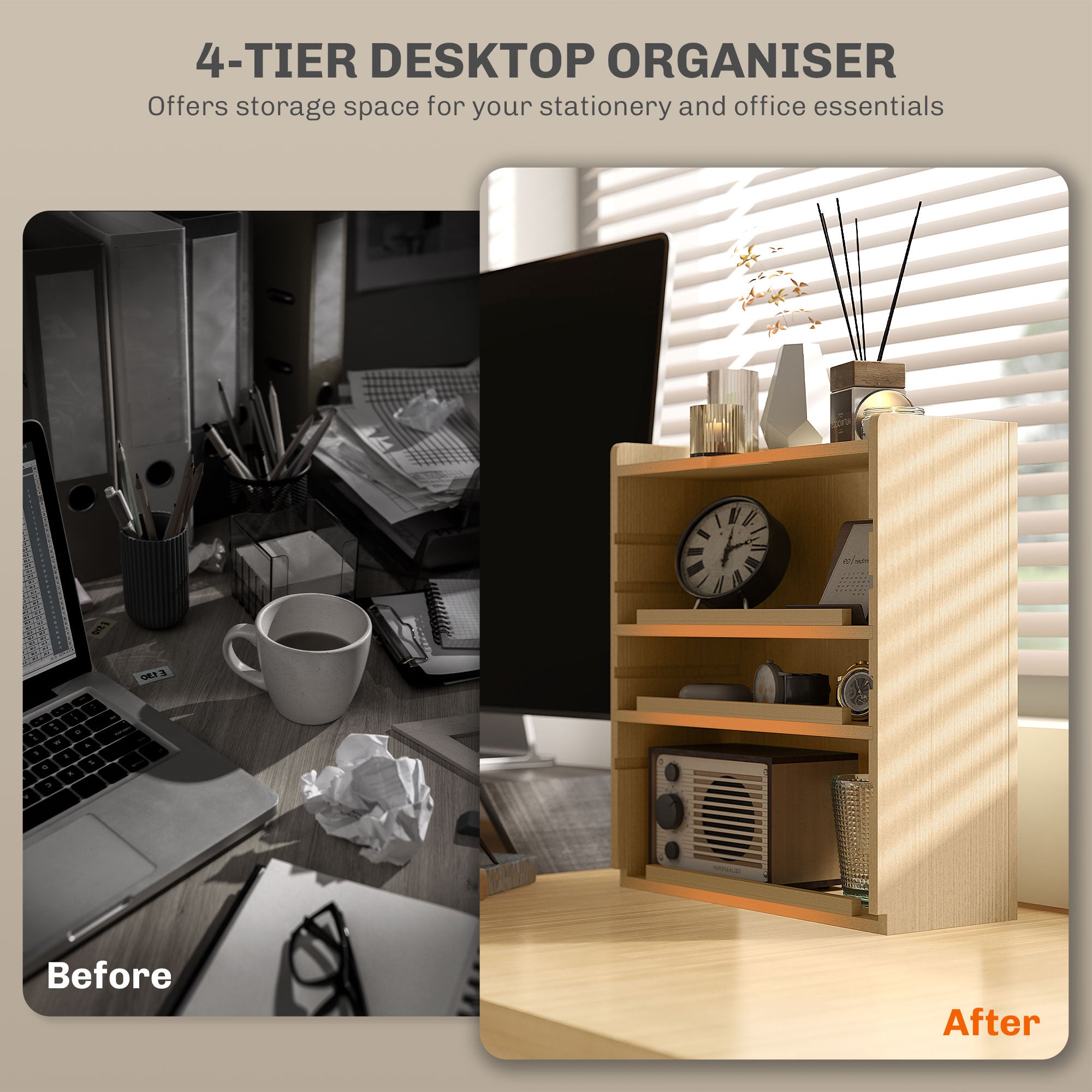 HOMCOM 4-Tier Desk Organiser, Multifunctional Assembled Desktop Organiser with Adjustable Shelves and Cable Management for Stationery, Office Supplies, Paper, Oak Tone