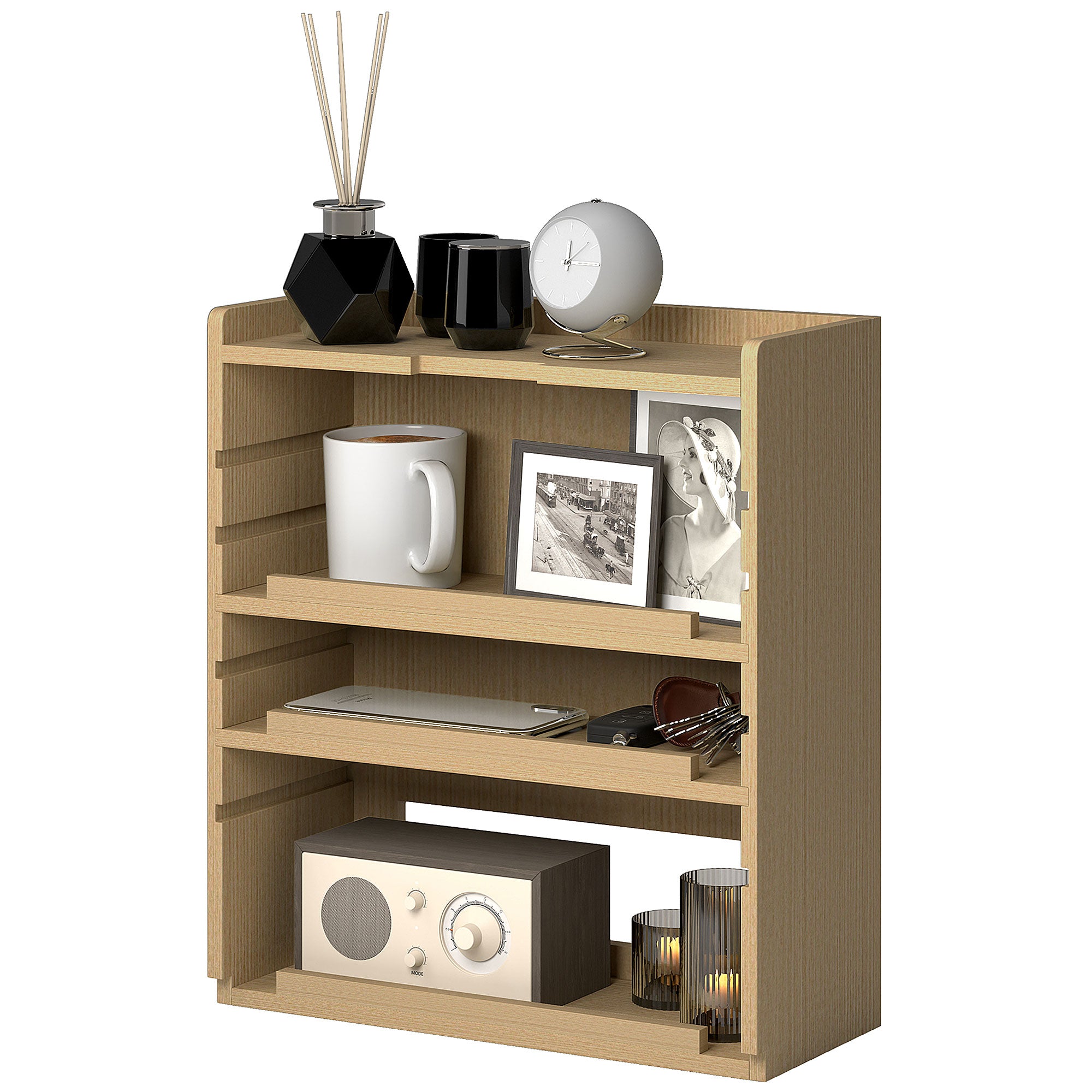 HOMCOM 4-Tier Desk Organiser, Multifunctional Assembled Desktop Organiser with Adjustable Shelves and Cable Management for Stationery, Office Supplies, Paper, Oak Tone