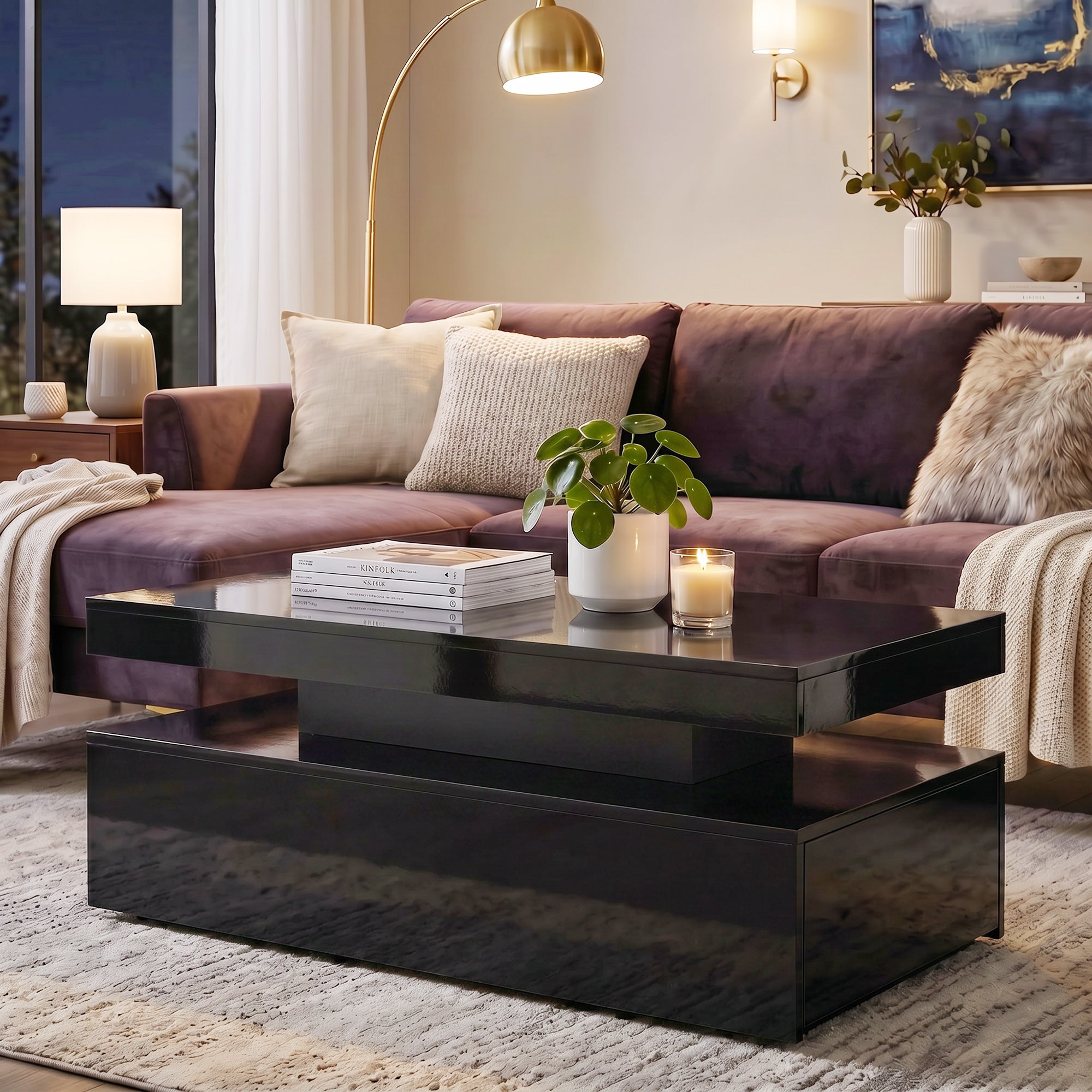 LED Coffee Table with Storage, 2-Tier Modern Rectangular Center Table with 2 Drawers and Open Compartment for Living Room, High Gloss Black