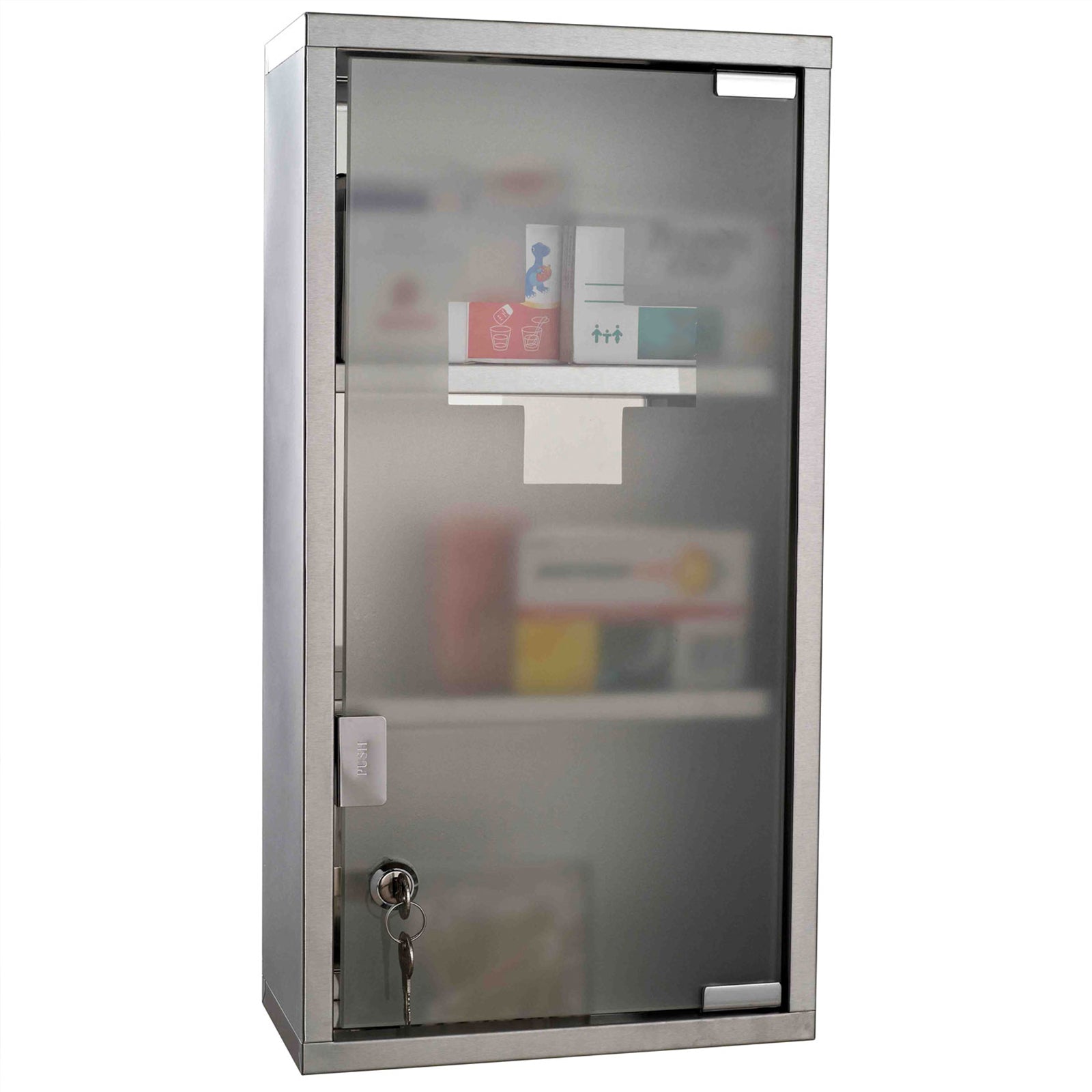 HOMCOM Wall Mount Medicine Cabinet, Bathroom Cabinet with 3 Tier Shelves, Stainless Steel Frame and Glass Door, Lockable with 2 Keys, Silver, 10" x 19"