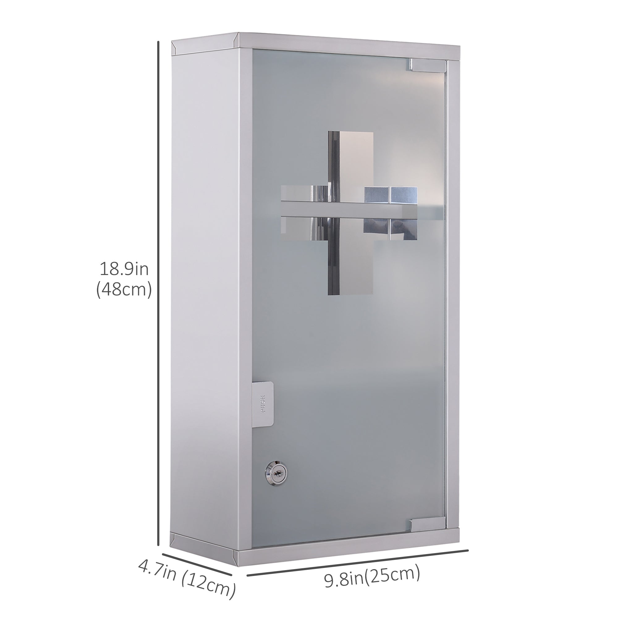 HOMCOM Wall Mount Medicine Cabinet, Bathroom Cabinet with 3 Tier Shelves, Stainless Steel Frame and Glass Door, Lockable with 2 Keys, Silver, 10" x 19"