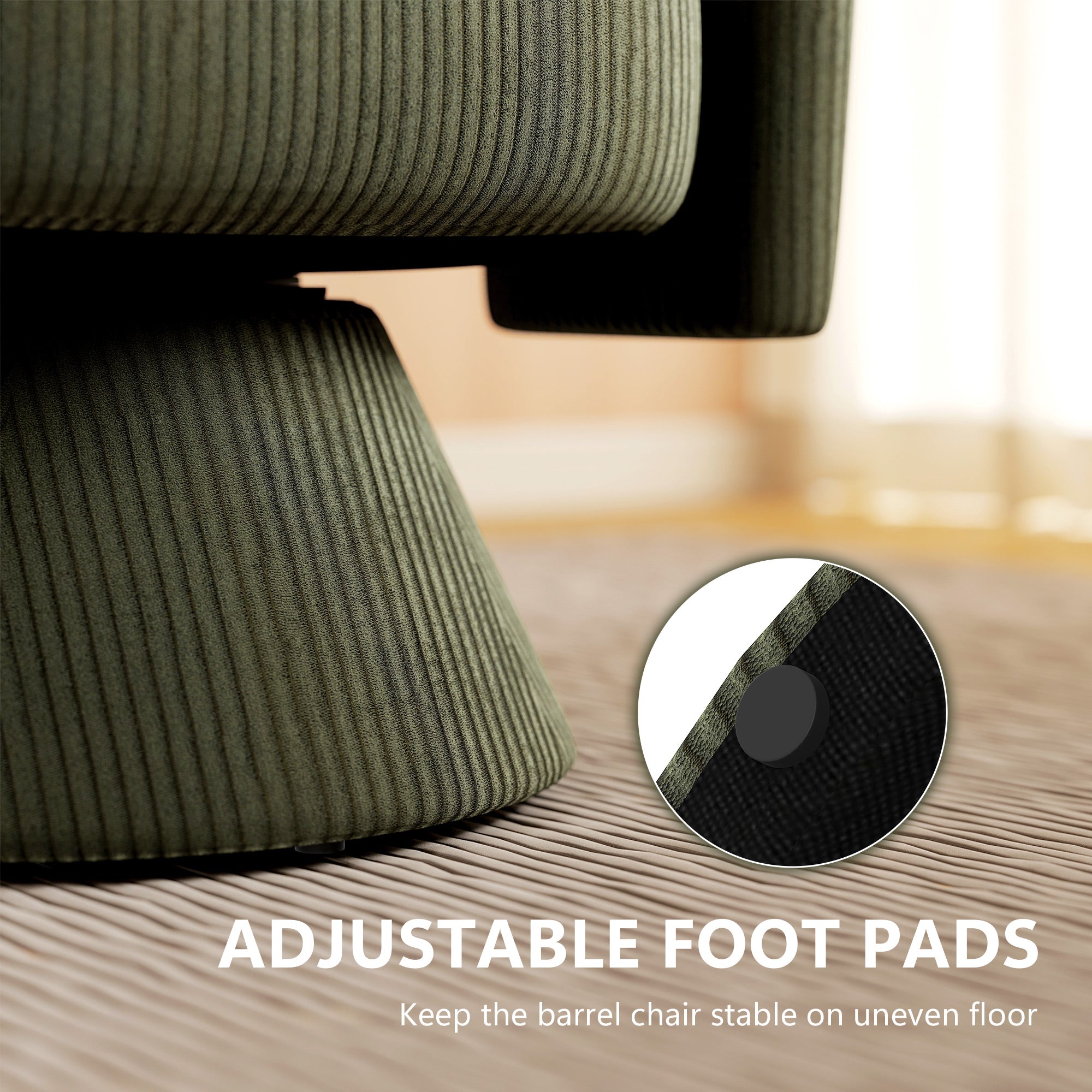 360° Swivel Accent Chair, Corduroy Upholstered Barrel Chair, Modern Armchair with Thick Padding for Living Room, Bedroom, Reading Room, Green