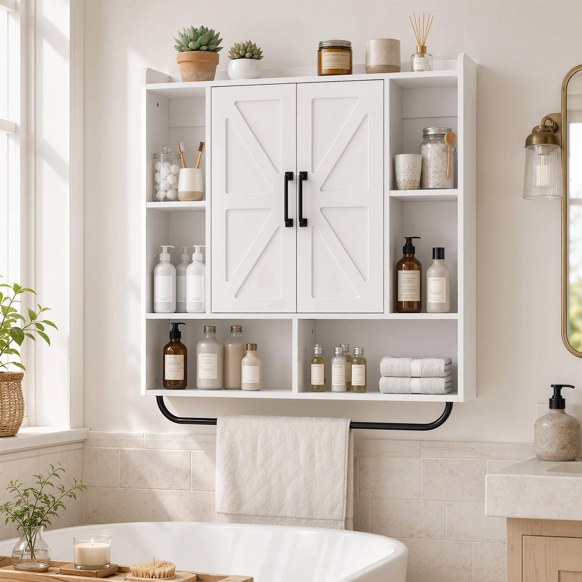 Bathroom Wall Cabinet, Medicine Cabinet Wall Mounted with Open and Hidden Storage Space, Over the Toilet Space Saver with Towel Bar for Bathroom and Living Room, White
