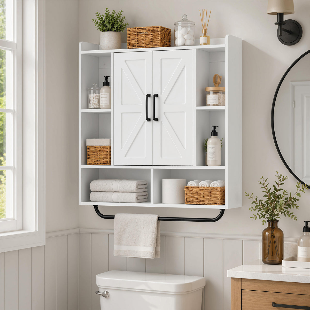 Bathroom Wall Cabinet, Medicine Cabinet Wall Mounted with Open and Hidden Storage Space, Over the Toilet Space Saver with Towel Bar for Bathroom and Living Room, White