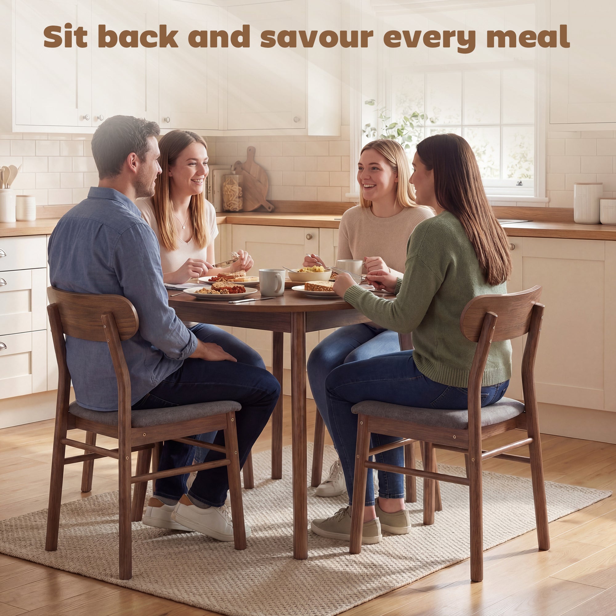 Mid-Century Modern Wooden Dining Chairs Set of 4, Upholstered Kitchen Chairs with Rubberwood Legs, Curved Backrest and Padded Seat for Dining Room, Gray