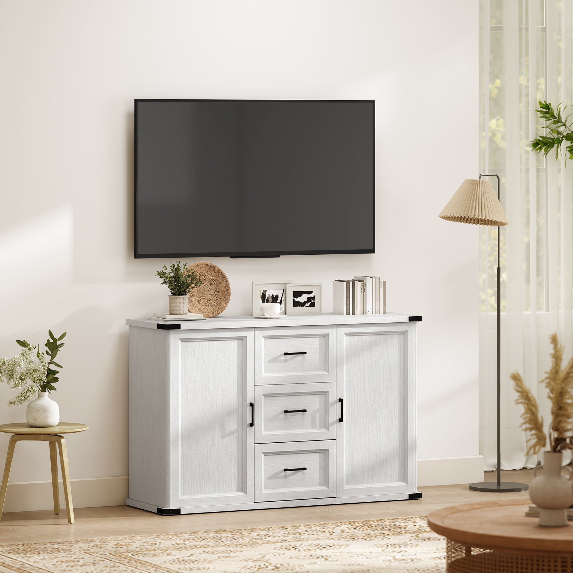 Modern Sideboard Buffet Cabinet with 3 Drawers and 2 Doors, 47" Coffee Bar Cabinet with Adjustable Shelves for Kitchen, White Wood Grain