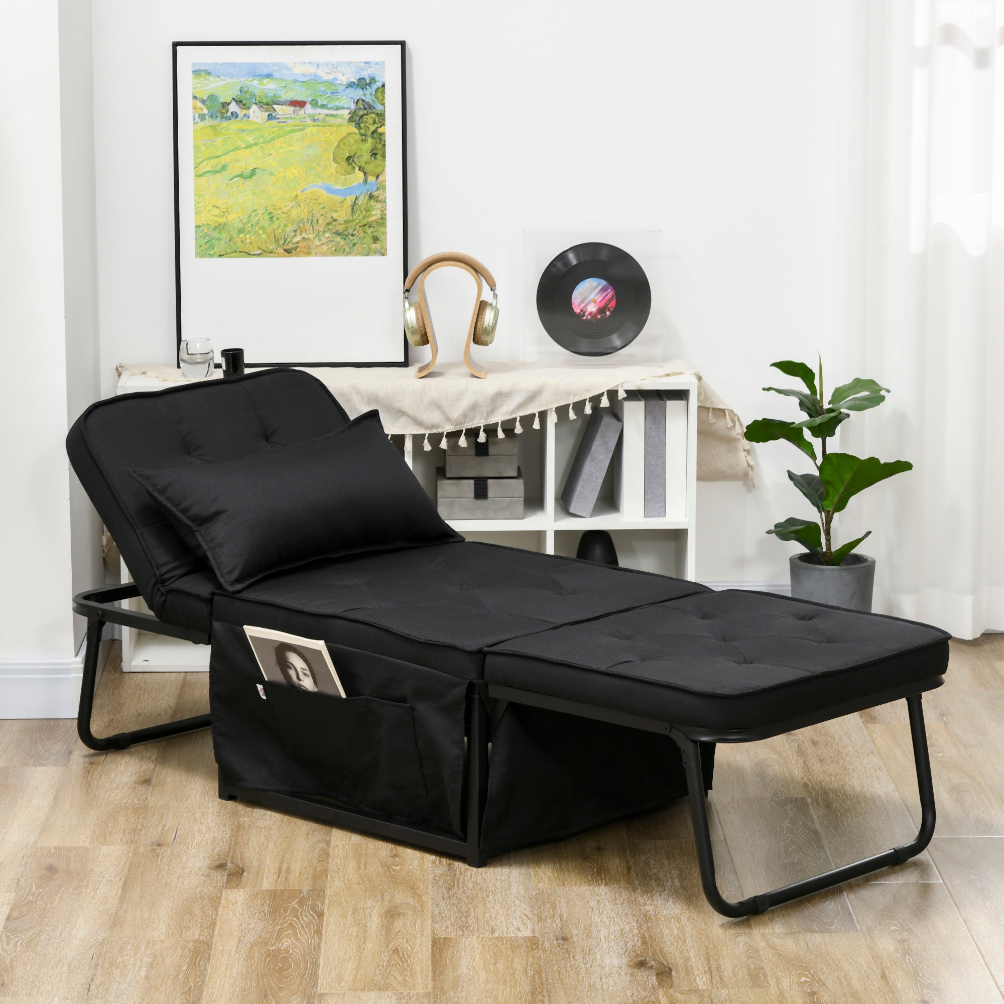 HOMCOM Folding Chair Bed, 4-in-1 Convertible Sleeper Chair with Adjustable Backrest, Pillow, Side Pockets, Armchair for Bedroom, Living Room, Black