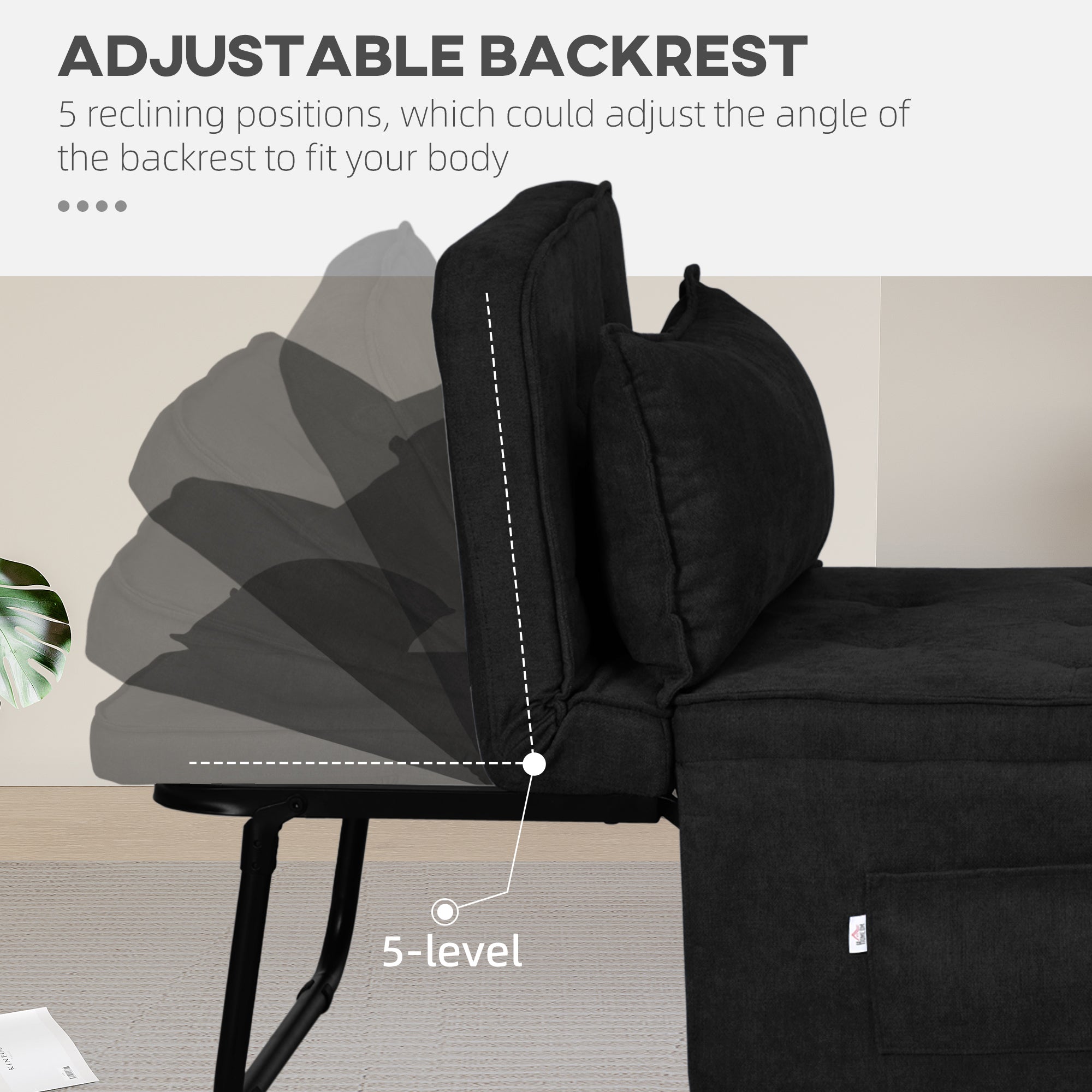 HOMCOM Folding Chair Bed, 4-in-1 Convertible Sleeper Chair with Adjustable Backrest, Pillow, Side Pockets, Armchair for Bedroom, Living Room, Black