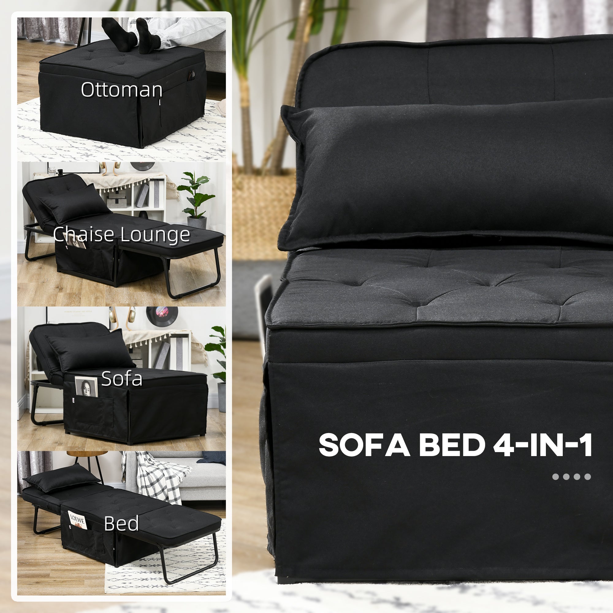 HOMCOM Folding Chair Bed, 4-in-1 Convertible Sleeper Chair with Adjustable Backrest, Pillow, Side Pockets, Armchair for Bedroom, Living Room, Black