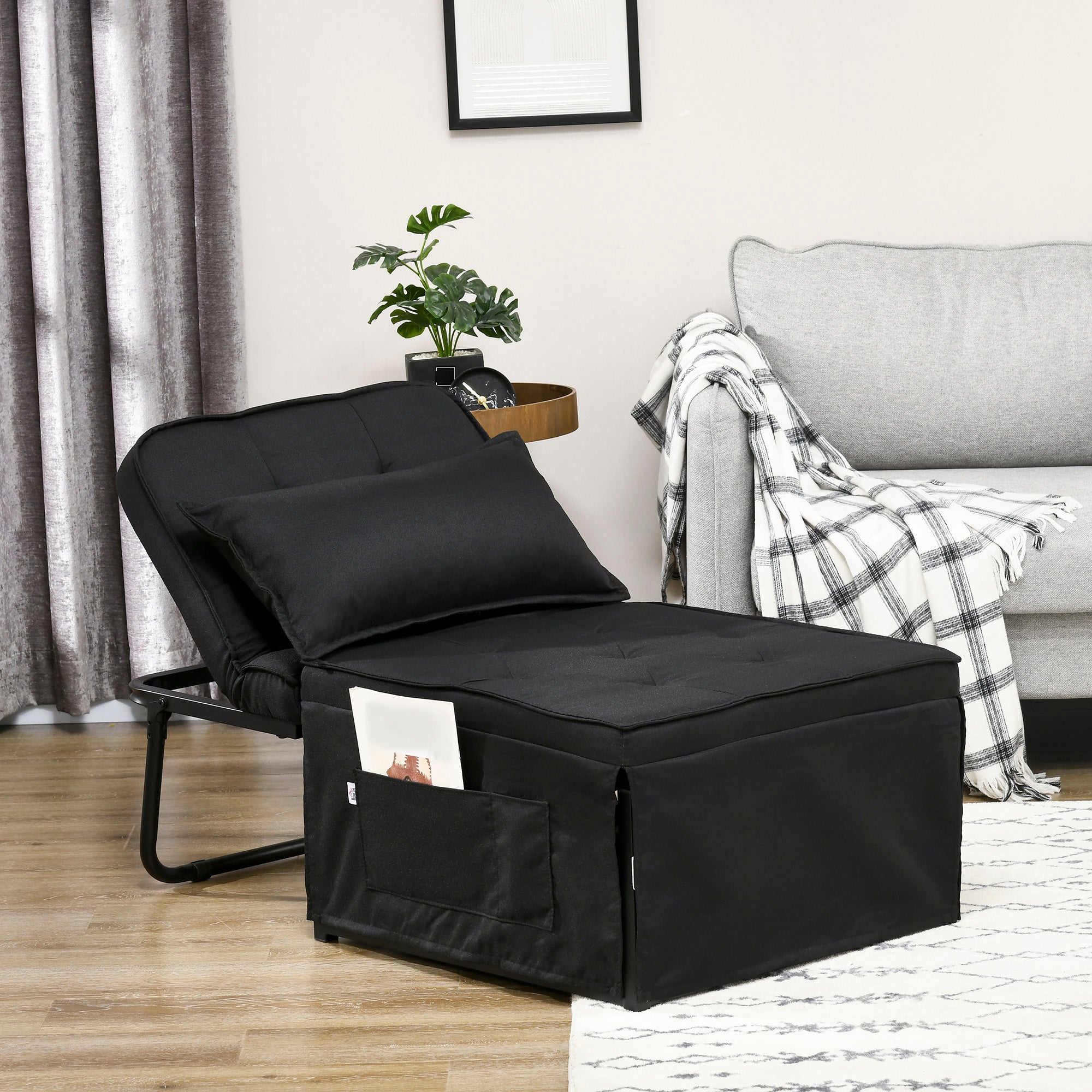 HOMCOM Folding Chair Bed, 4-in-1 Convertible Sleeper Chair with Adjustable Backrest, Pillow, Side Pockets, Armchair for Bedroom, Living Room, Black