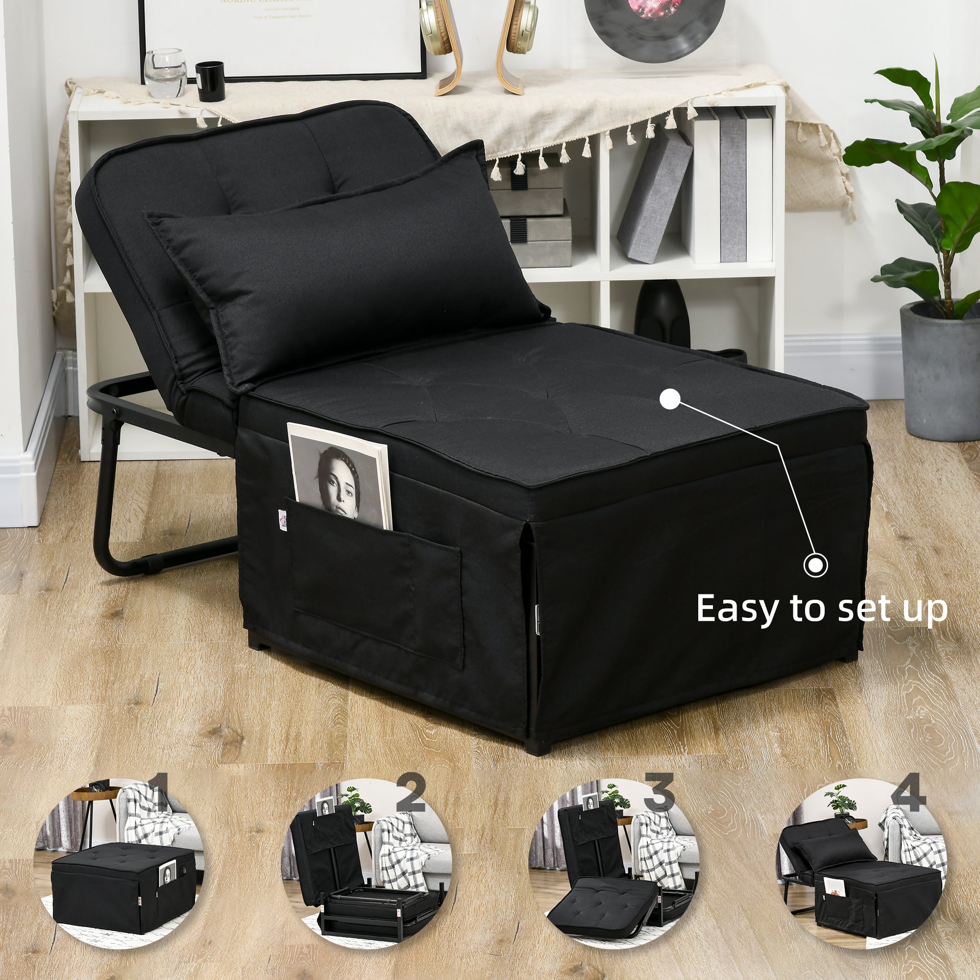 HOMCOM Folding Chair Bed, 4-in-1 Convertible Sleeper Chair with Adjustable Backrest, Pillow, Side Pockets, Armchair for Bedroom, Living Room, Black