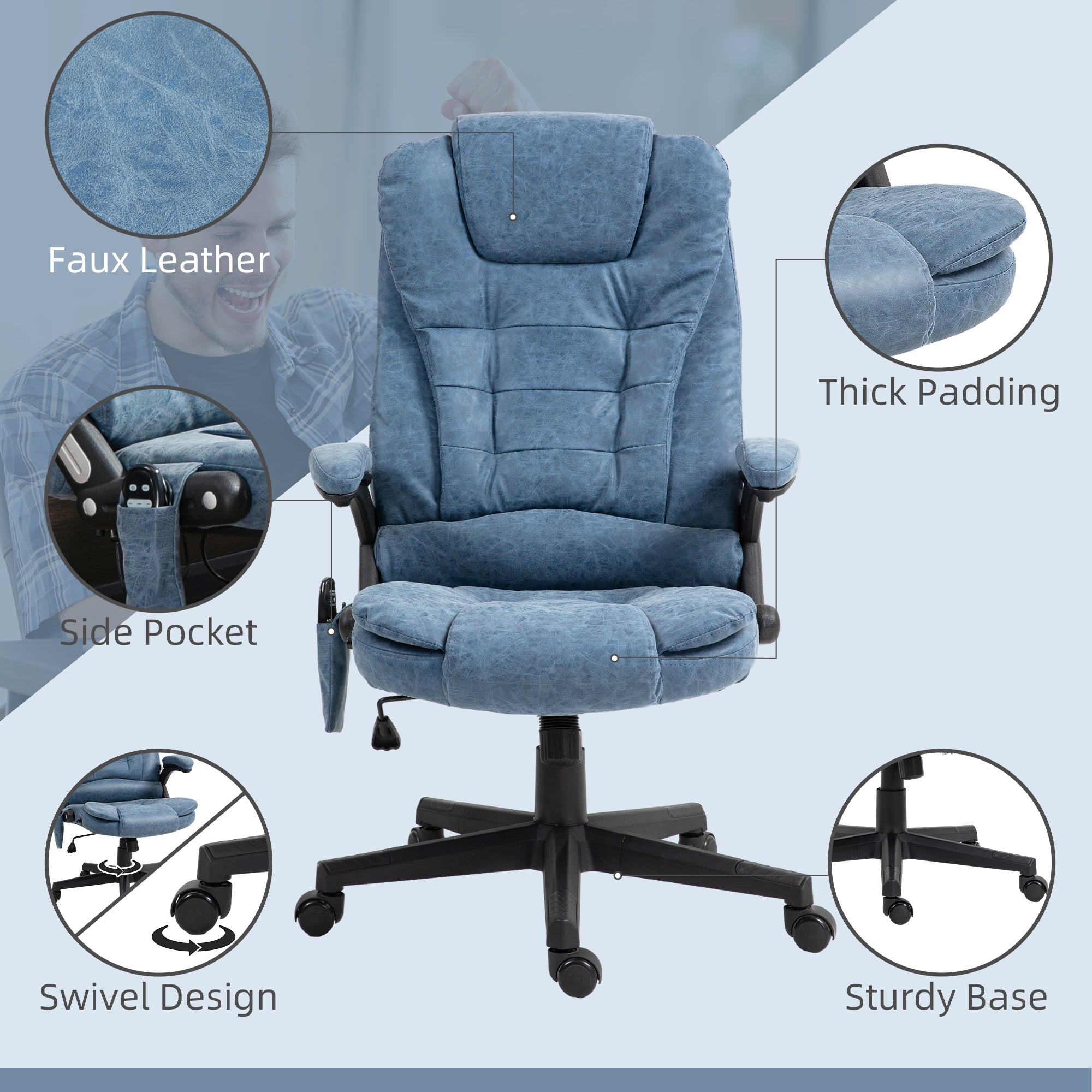 Massage Office Chair, Heated Reclining Computer Chair with 6 Vibration Points, Armrest and Remote, Blue