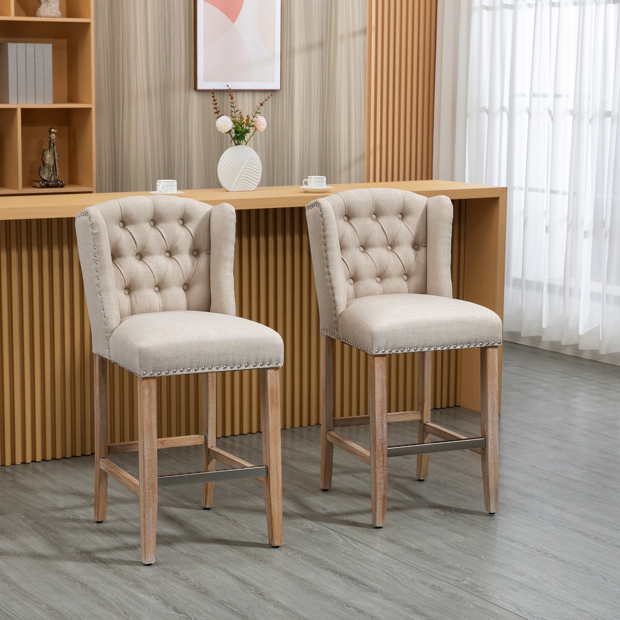 HOMCOM Counter Height Bar Stools Set of 2, Upholstered Bar Chairs with Nailhead Backrest and Footrest, Modern Barstools for Kitchen, Dining Room, Beige