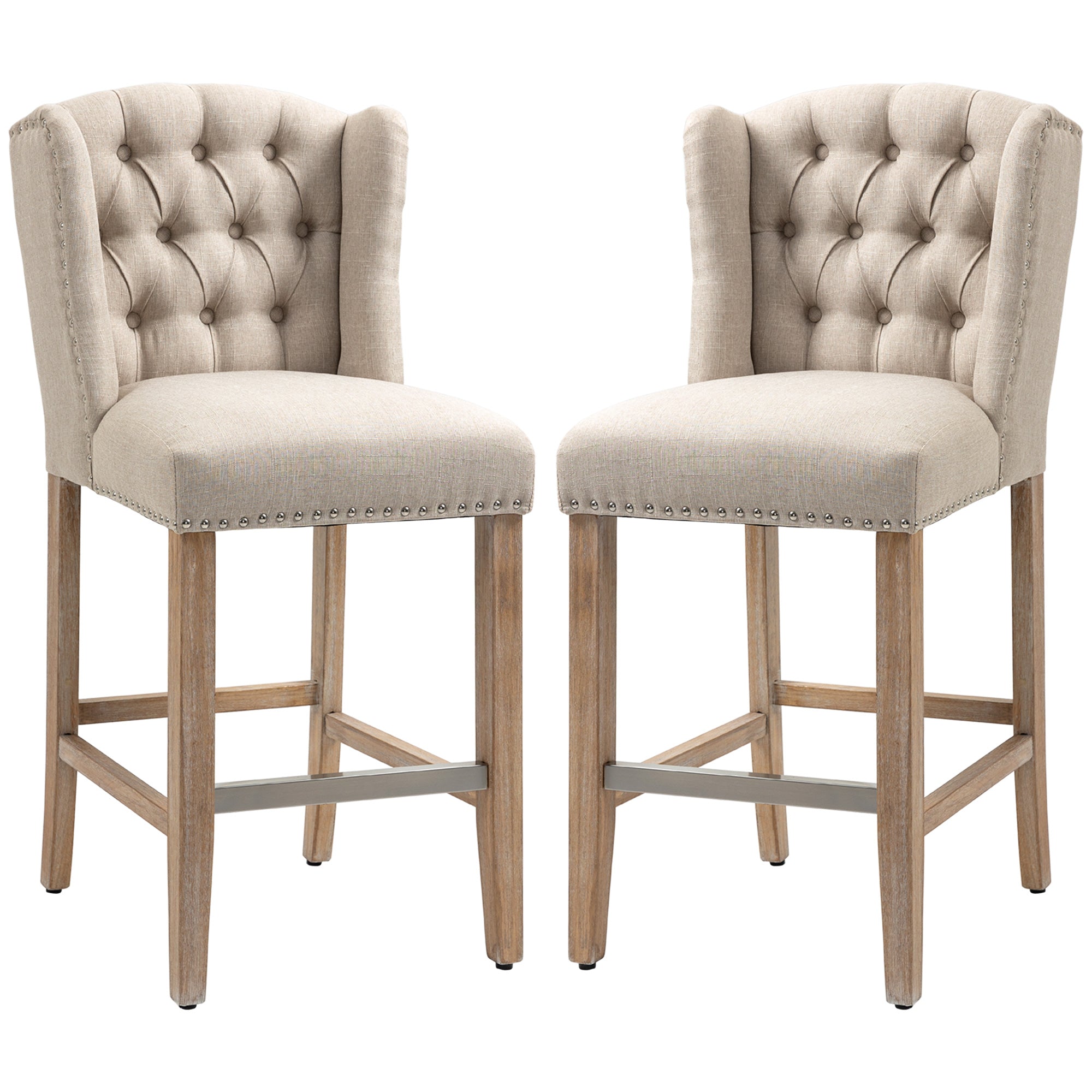 HOMCOM Counter Height Bar Stools Set of 2, Upholstered Bar Chairs with Nailhead Backrest and Footrest, Modern Barstools for Kitchen, Dining Room, Beige