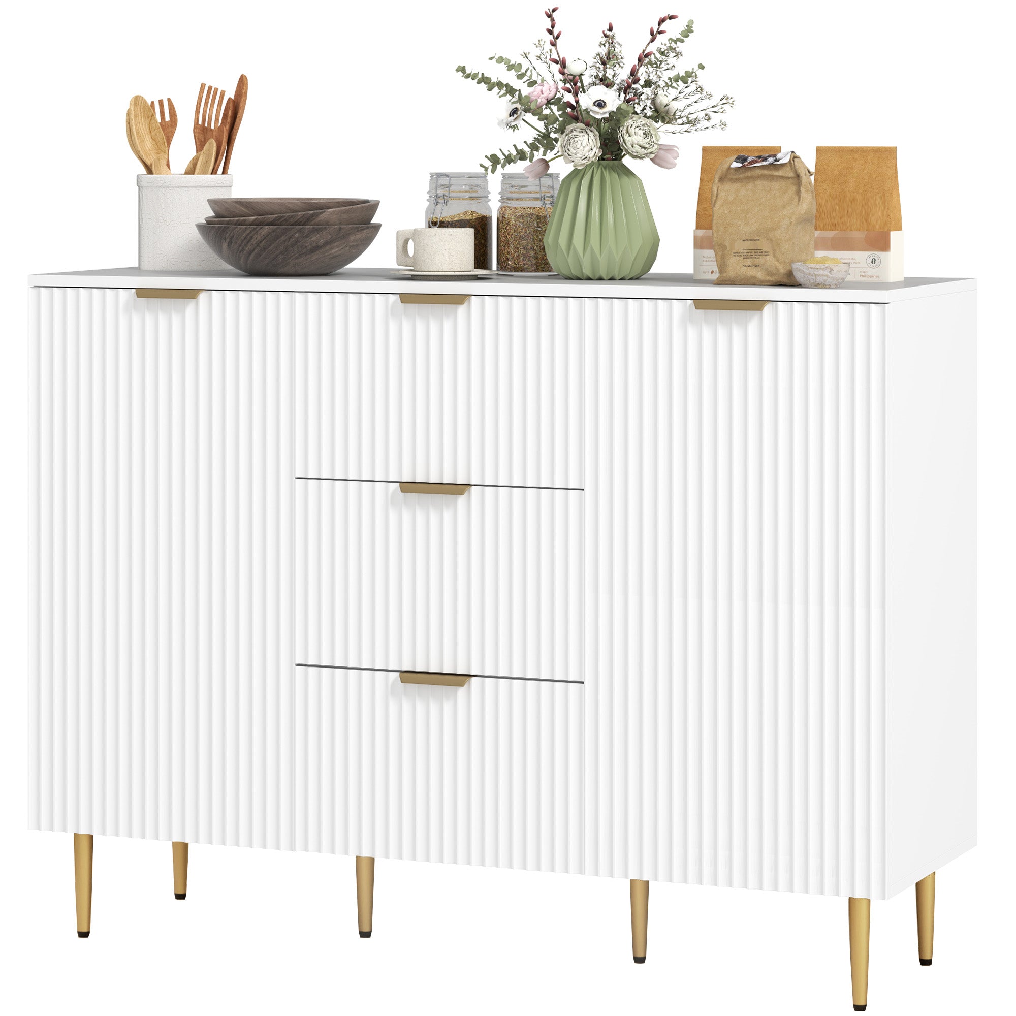 HOMCOM Sideboard Buffet Cabinet, Modern Kitchen Storage Cabinet with 3 Drawers and Adjustable Shelves, Pantry Cabinet with Metal Legs for Kitchen Hallway, White