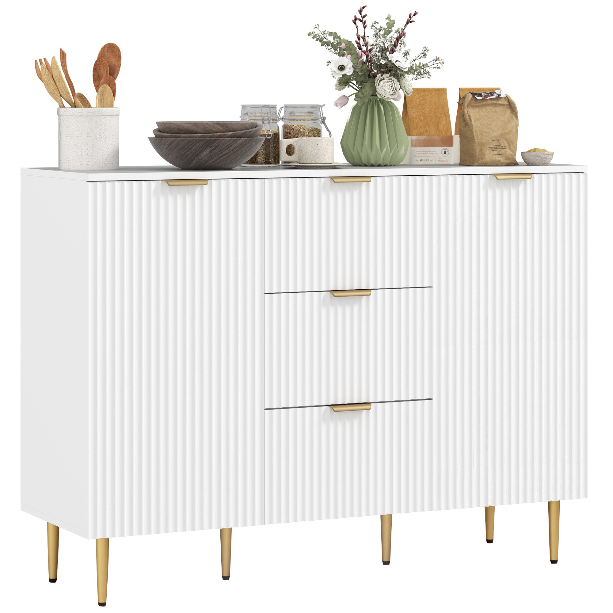 HOMCOM Sideboard Buffet Cabinet, Modern Kitchen Storage Cabinet with 3 Drawers and Adjustable Shelves, Pantry Cabinet with Metal Legs for Kitchen Hallway, White