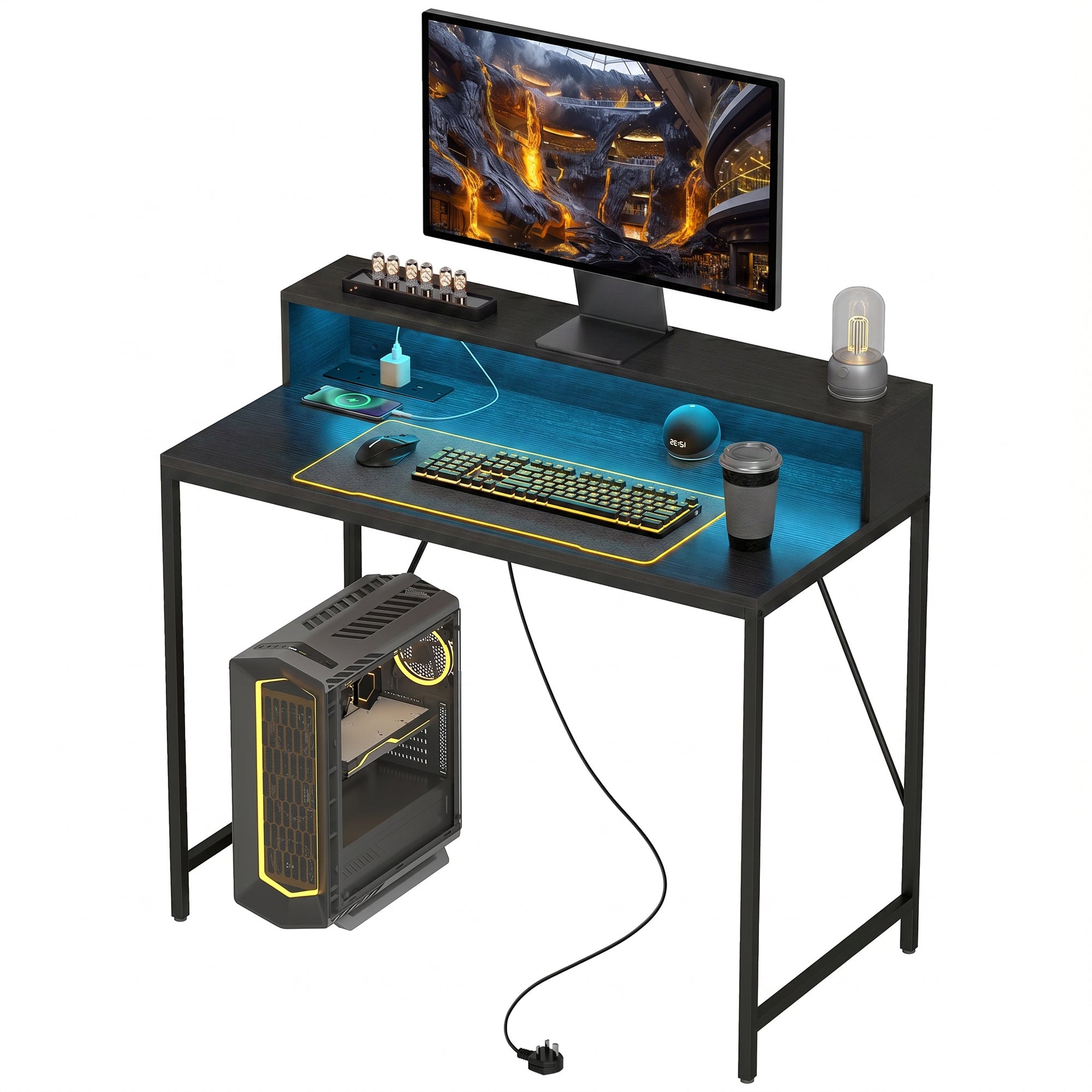 100cm Computer Desk with LED Lights and Power Outlets, Gaming Desk with Monitor Stand, Computer Table with Remote for Home Office Study, Black Wood-Effect