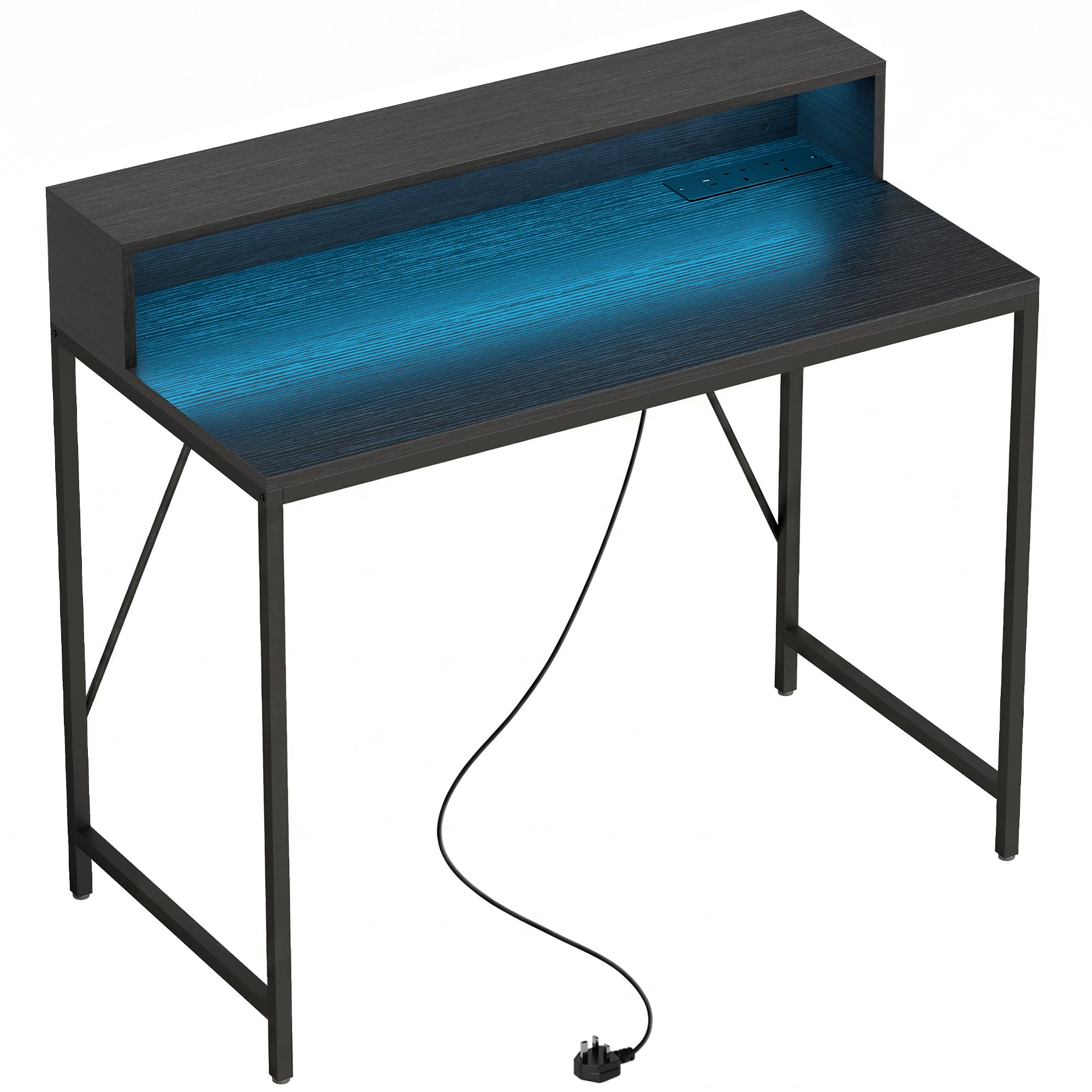 100cm Computer Desk with LED Lights and Power Outlets, Gaming Desk with Monitor Stand, Computer Table with Remote for Home Office Study, Black Wood-Effect