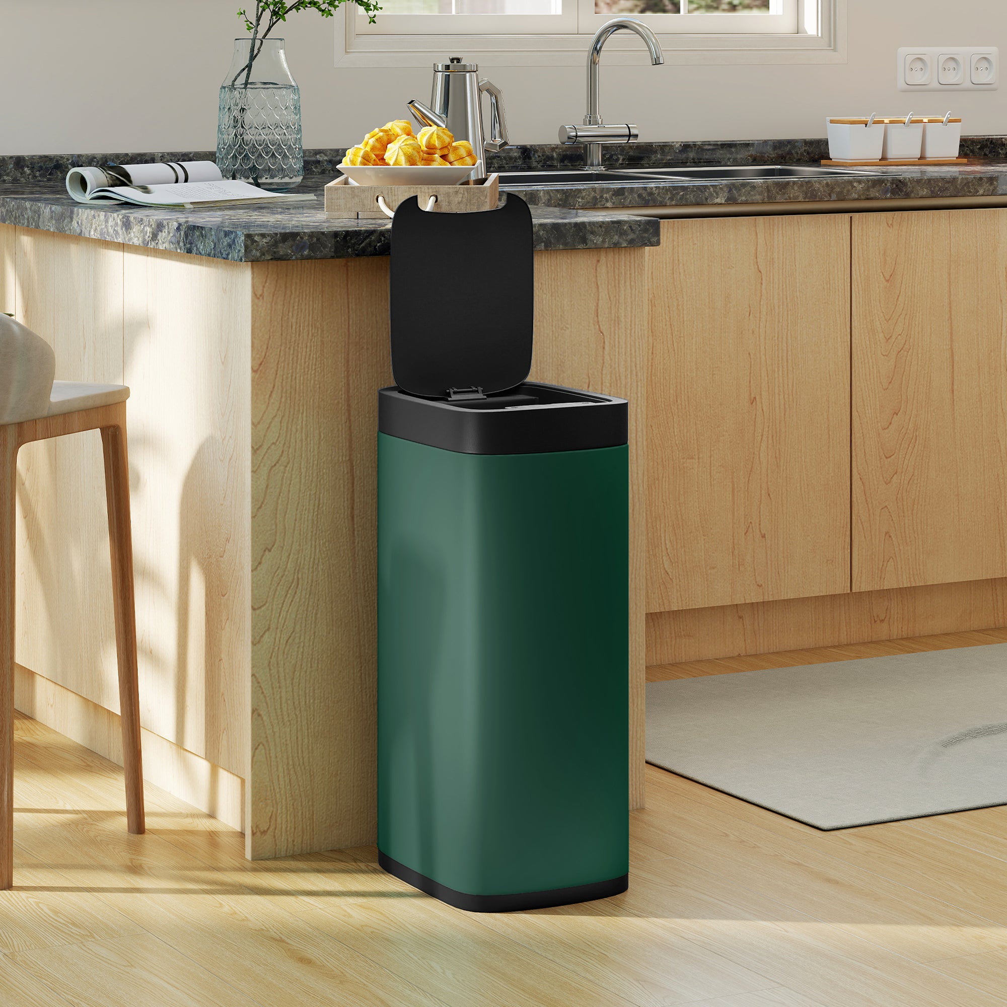 50L Sensor Bin, Automatic Touchless Kitchen Bin with Motion Sensor, Manual Override, Battery Operated, Fingerprint-Resistant, Inner-Bucket-Free, for Kitchen, Bedroom, Home Office, Dark Green