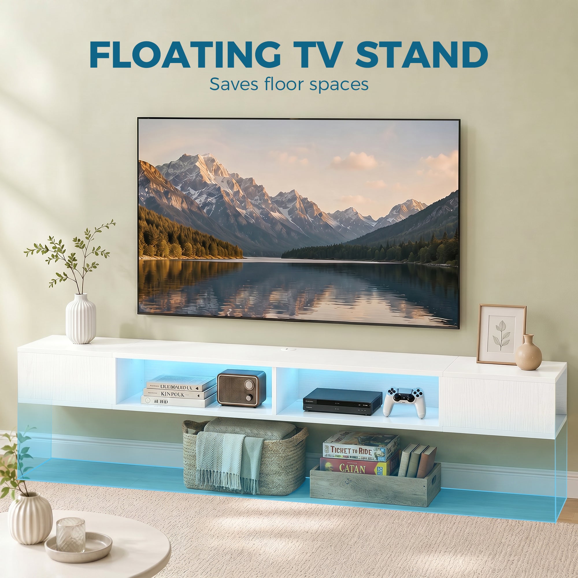 TV Stand for TVs up to 75 Inch, Modern Entertainment Center with RGB LED Lights, Floating Wall-Mounted Media Console with Open Shelves for Living Room, White Wood Grain