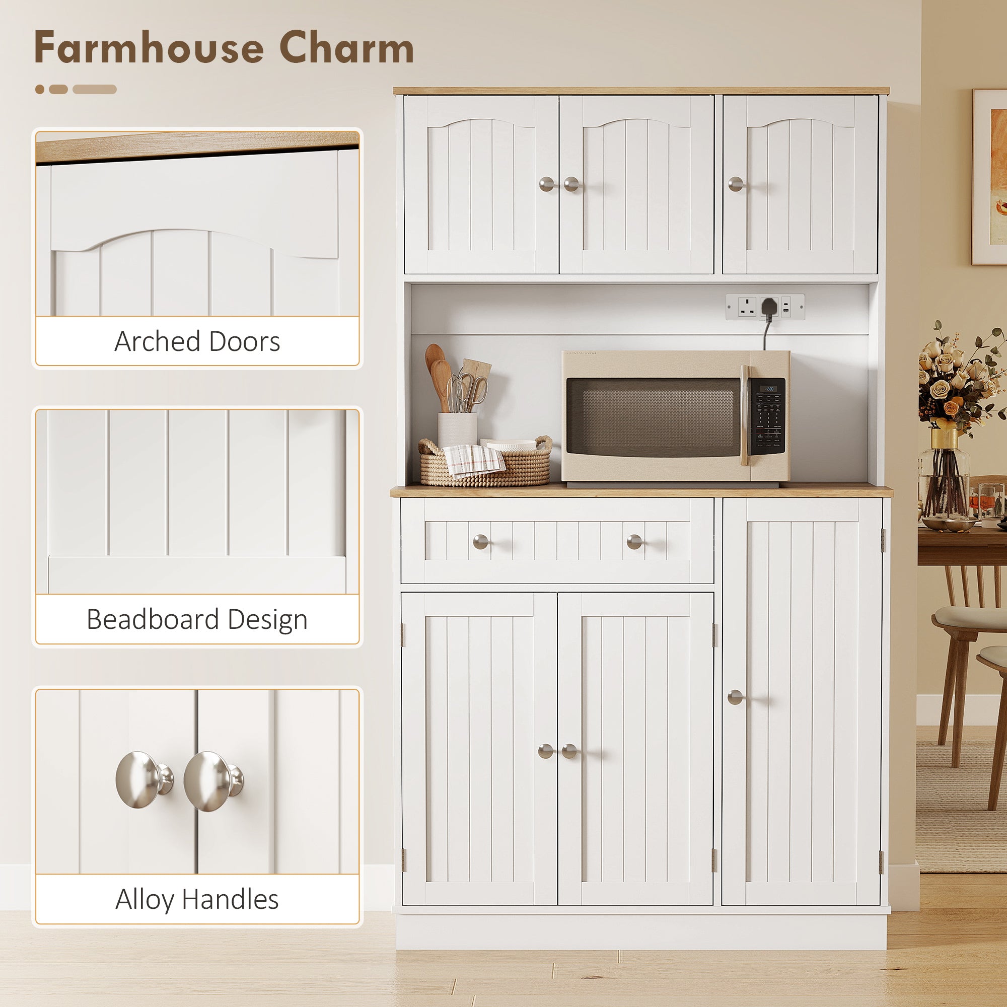 173 cm Tall Kitchen Cupboard with Charging Station, Pantry Storage Cabinet with Microwave Stand, Adjustable Shelves, 4 Door Racks, Farmhouse Kitchen Cabinet for Dining Room, White