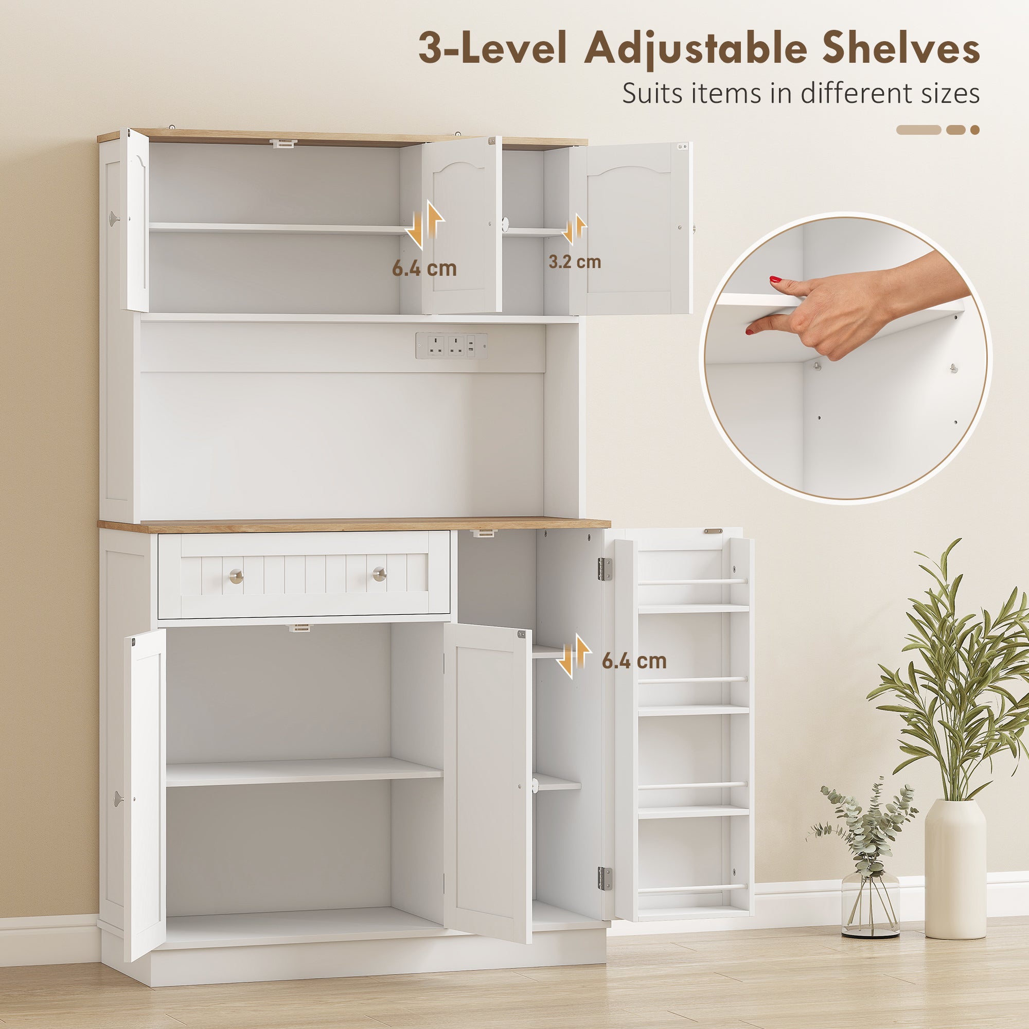 173 cm Tall Kitchen Cupboard with Charging Station, Pantry Storage Cabinet with Microwave Stand, Adjustable Shelves, 4 Door Racks, Farmhouse Kitchen Cabinet for Dining Room, White