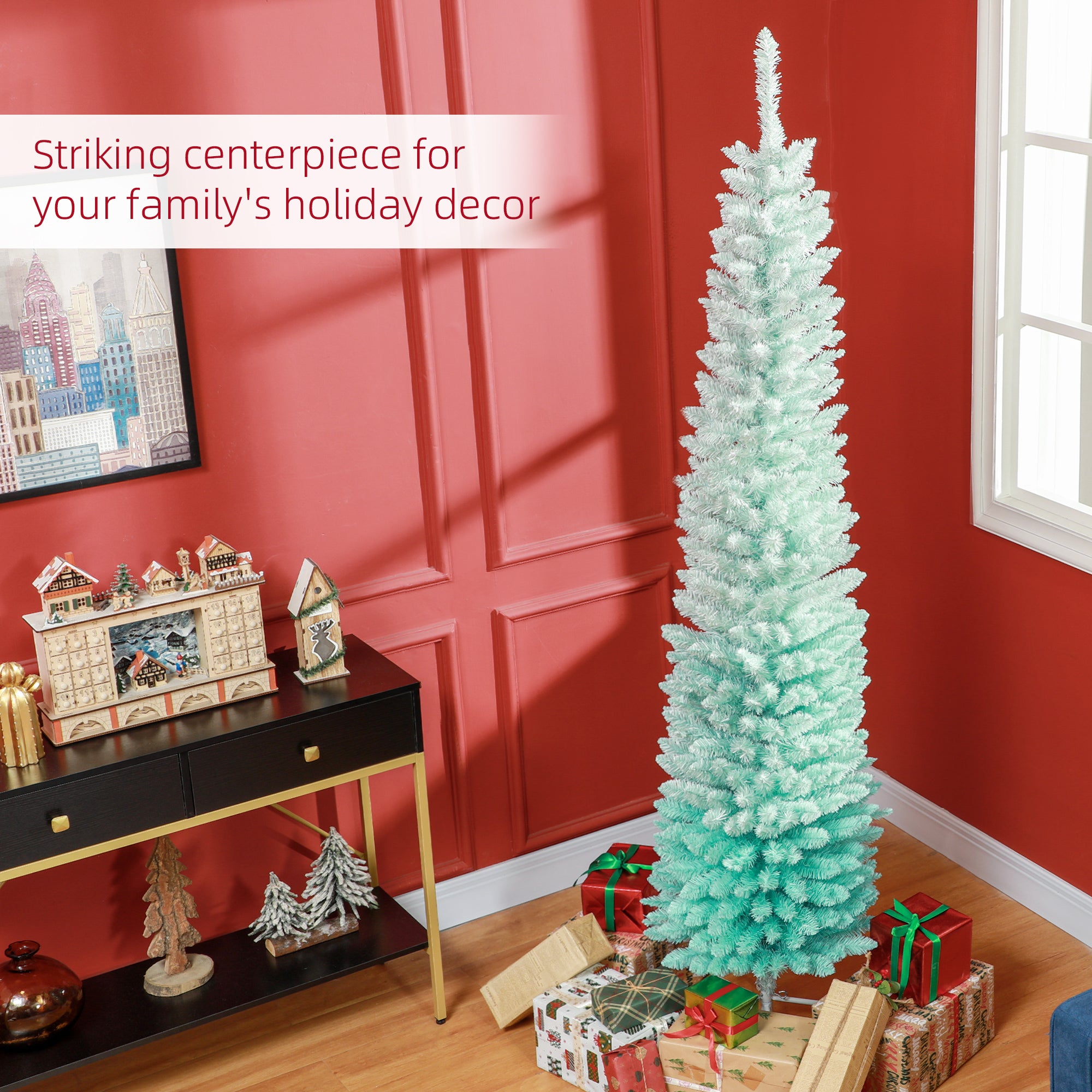 HOMCOM 7' Pencil Christmas Tree, Slim Artificial Xmas Tree with Realistic Branches, Sturdy Stand, Gradient Blue