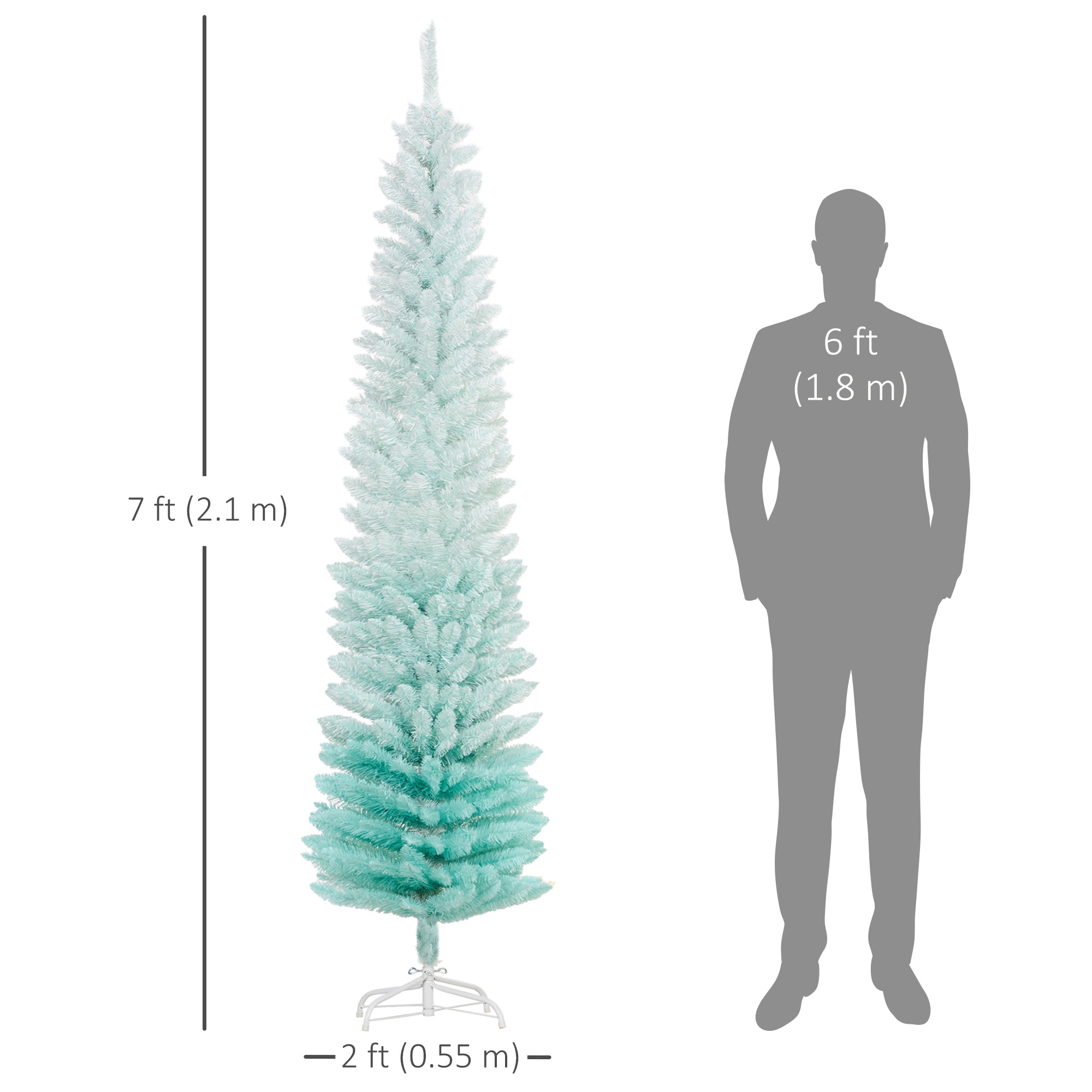 HOMCOM 7' Pencil Christmas Tree, Slim Artificial Xmas Tree with Realistic Branches, Sturdy Stand, Gradient Blue