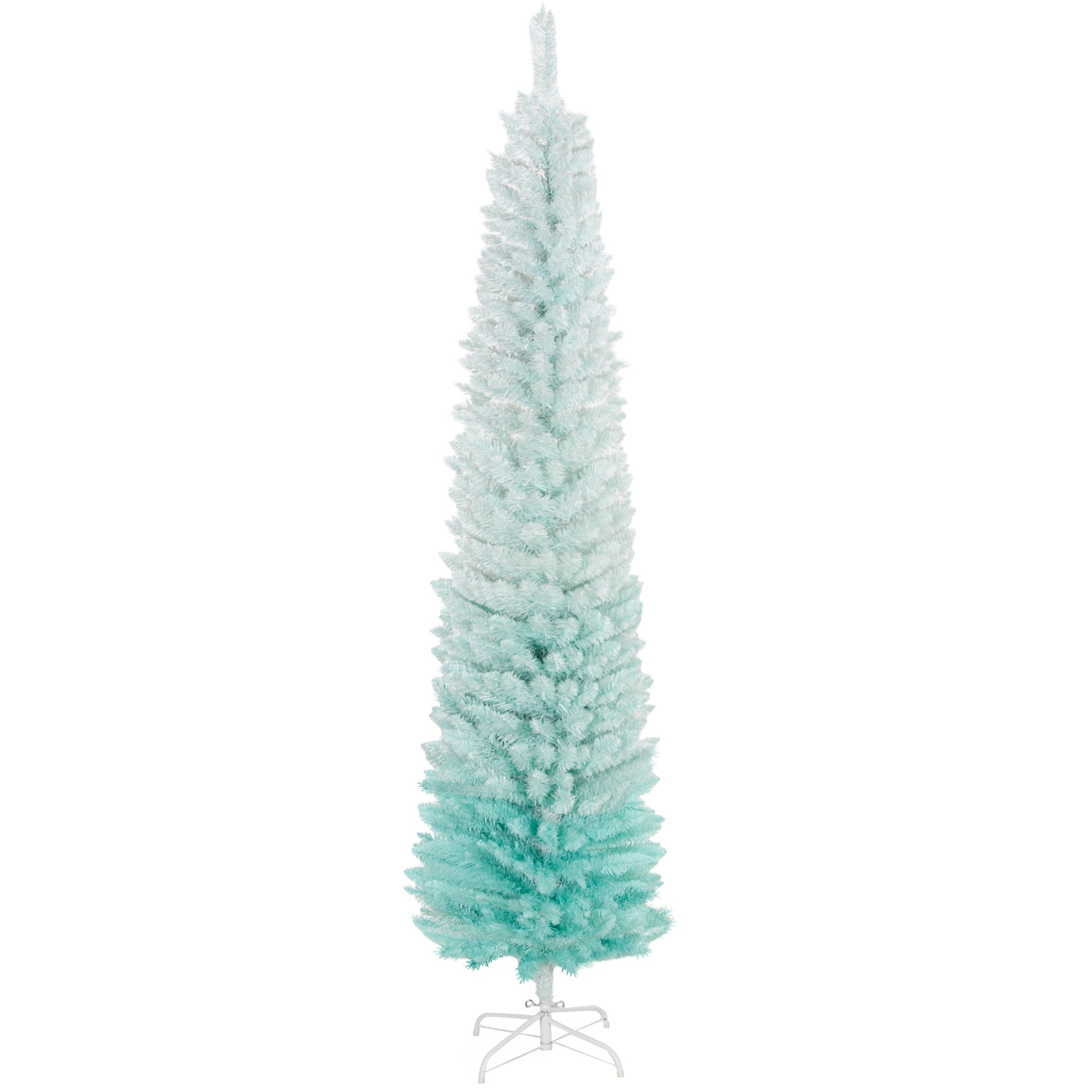 HOMCOM 7' Pencil Christmas Tree, Slim Artificial Xmas Tree with Realistic Branches, Sturdy Stand, Gradient Blue