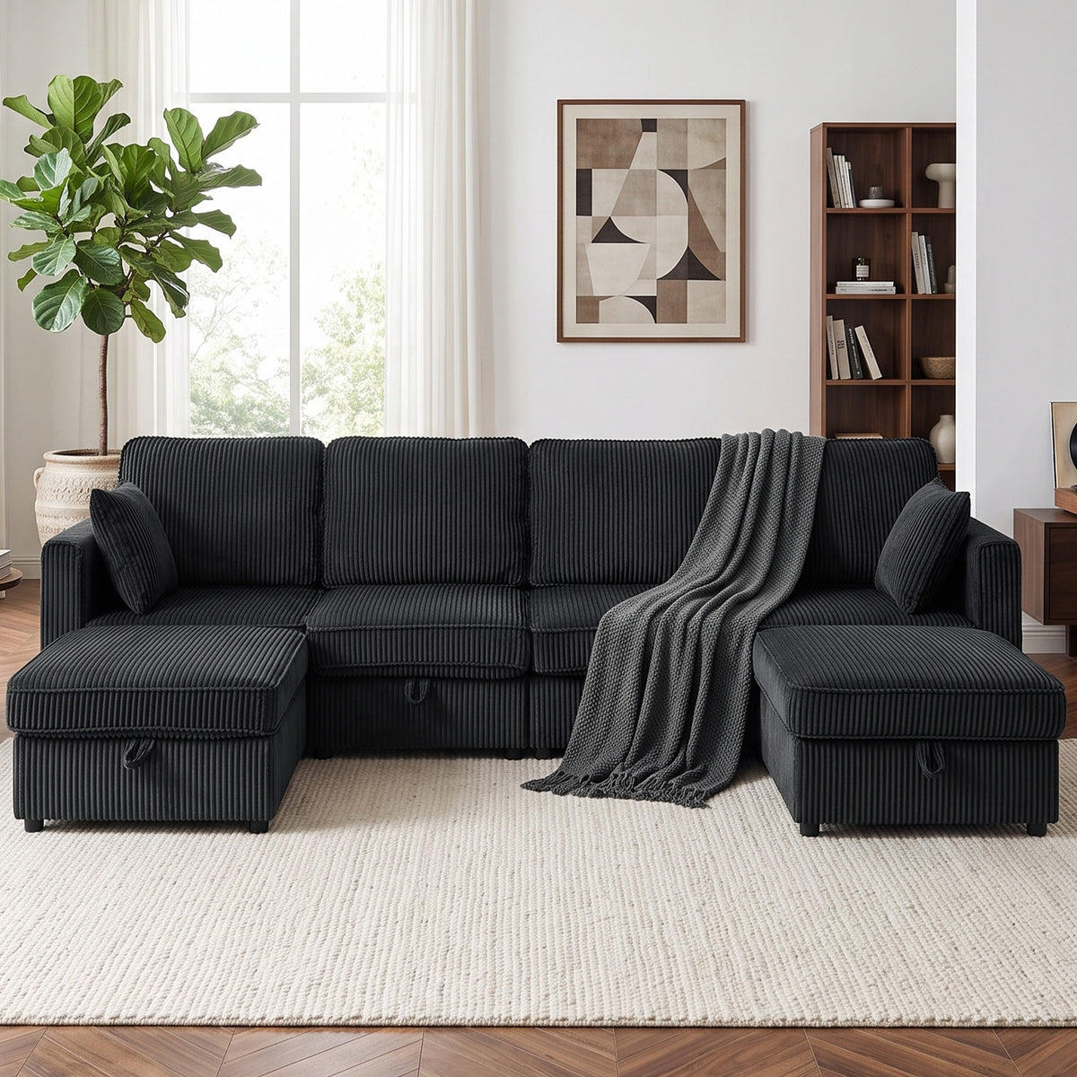 Modular Sectional Sofa with Dual Storage Ottoman, 306 cm 4 Seater U-Shaped Couch, Corduroy Sofa Bed with Under-Seat Storage, 4 Pillows, Pocket Springs, Pockets, Dark Grey
