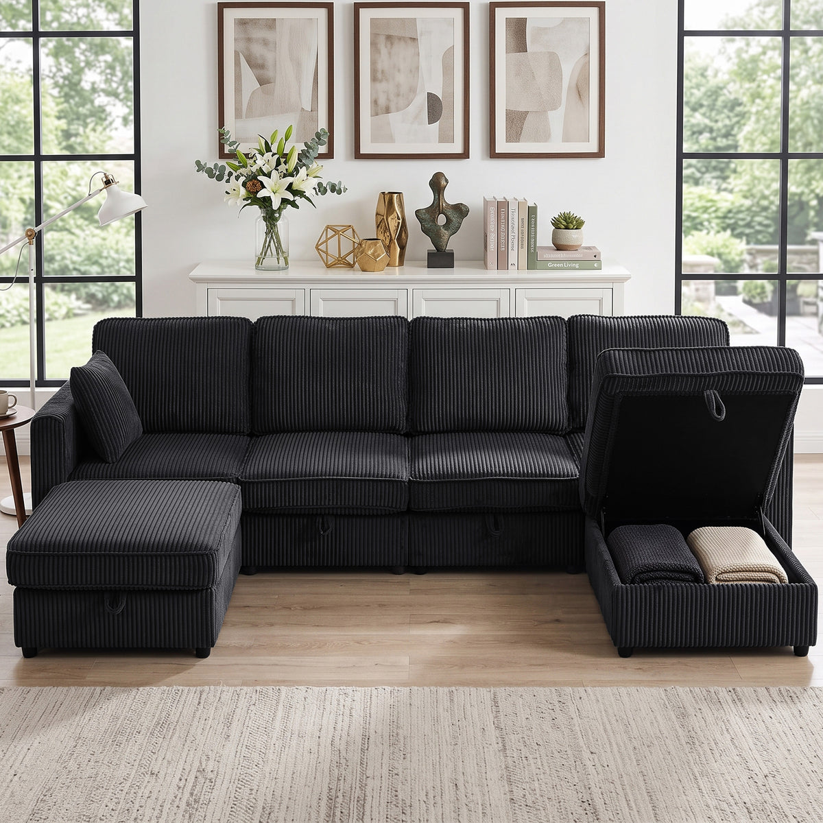 Modular Sectional Sofa with Dual Storage Ottoman, 306 cm 4 Seater U-Shaped Couch, Corduroy Sofa Bed with Under-Seat Storage, 4 Pillows, Pocket Springs, Pockets, Dark Grey