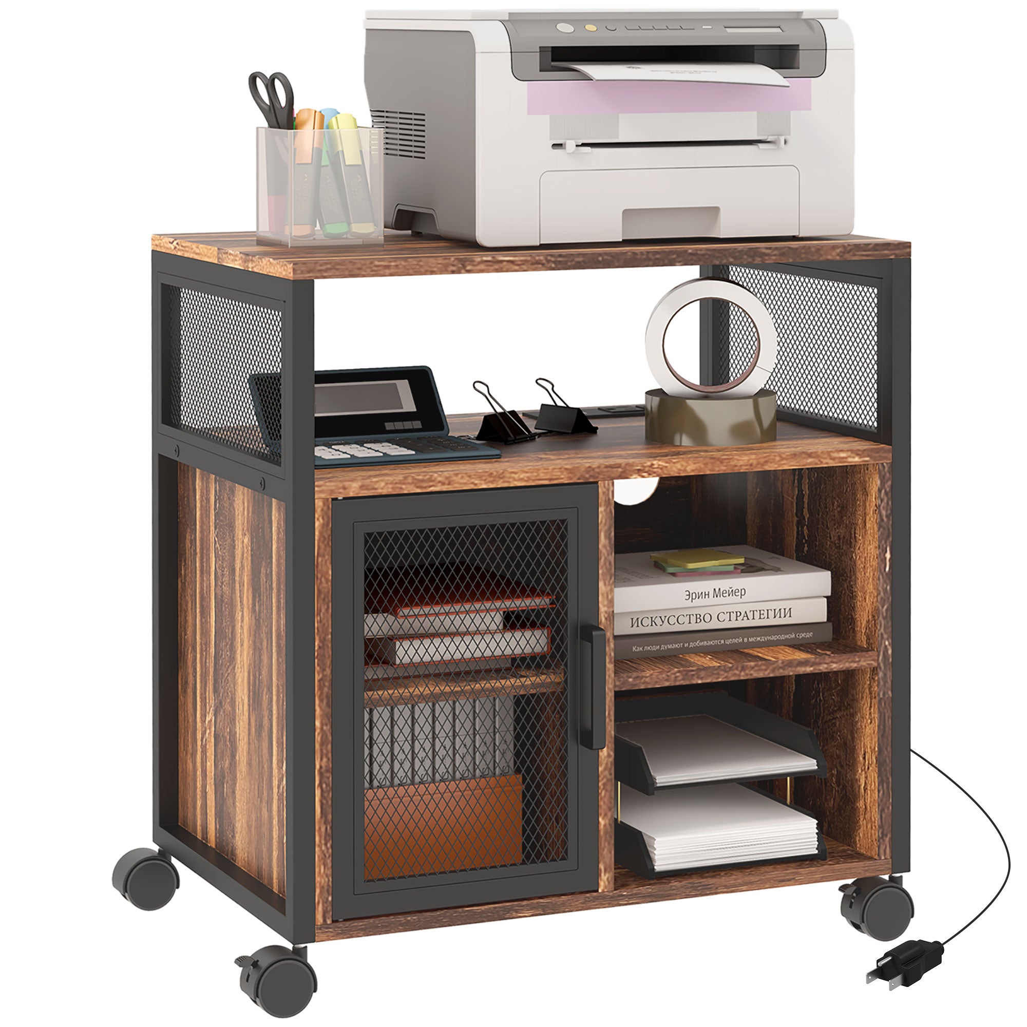 Printer Stand with Socket and USB Charging Ports, Industrial Mobile Printer Table with Storage and Wheels, Rustic Brown