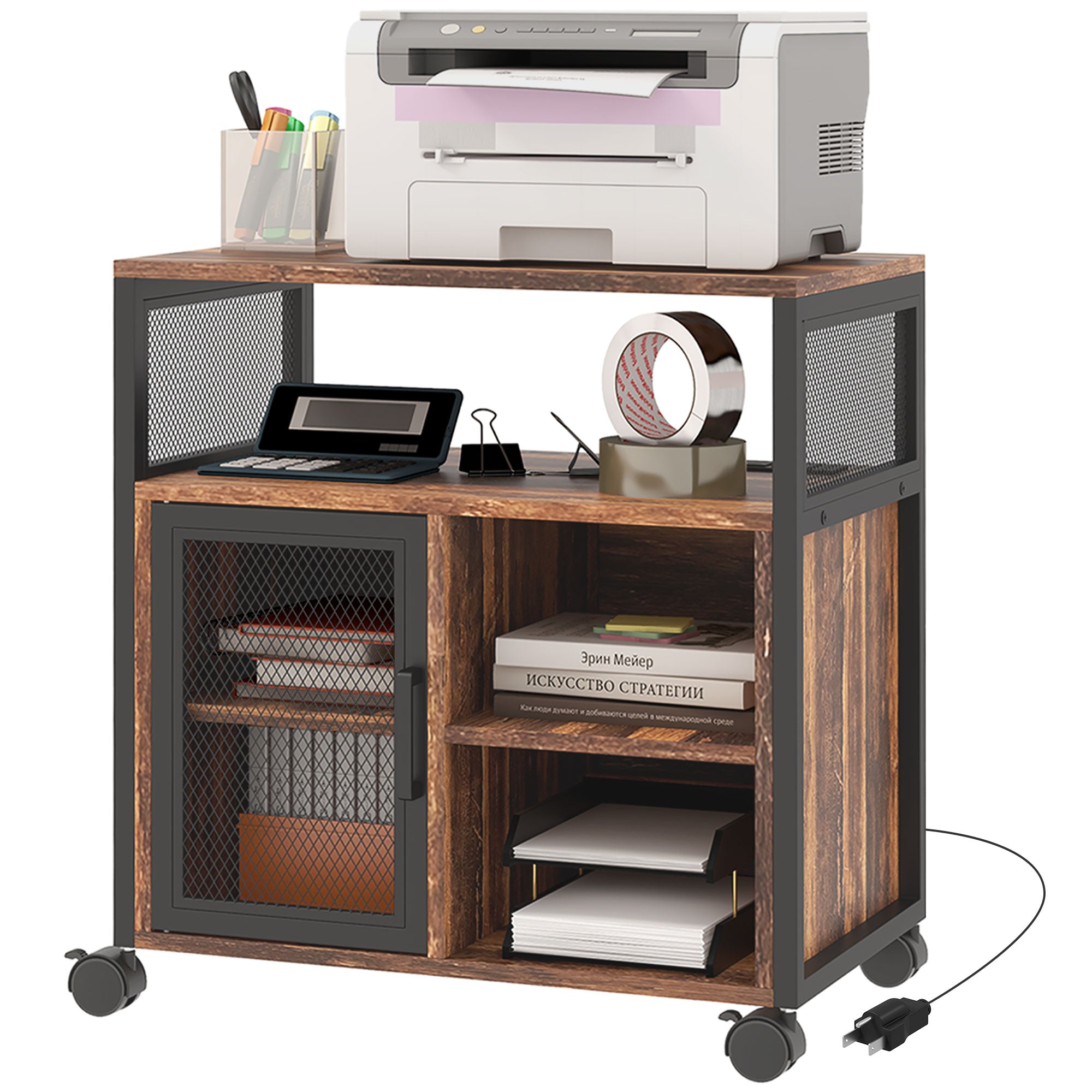 Printer Stand with Socket and USB Charging Ports, Industrial Mobile Printer Table with Storage and Wheels, Rustic Brown