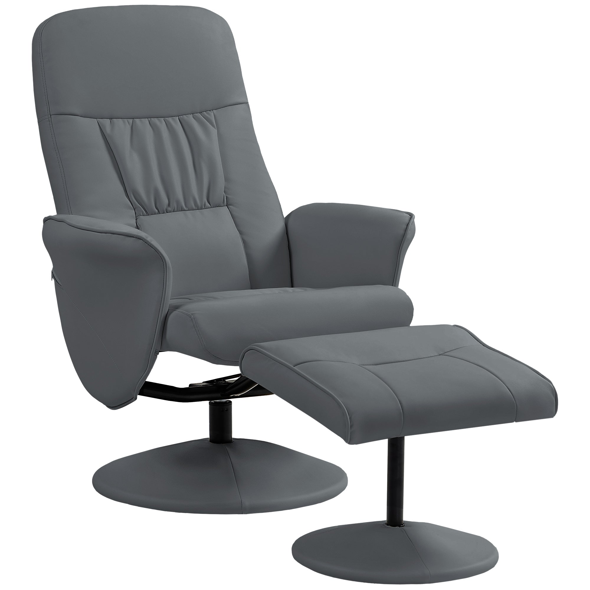 HOMCOM Swivel Recliner Chair with Footstool, PU Leather Armchair and Ottoman with High Back and Round Base for Living Room, Grey