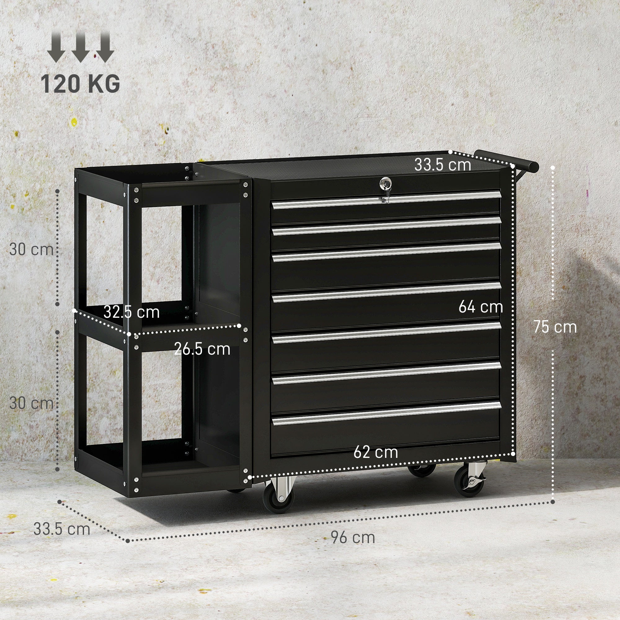 7 Drawer Tool Box, Lockable Steel Tool Chest on Wheels, Rolling Tool Cabinet with 7 Drawers and Handle for Workshop, Garage, Black