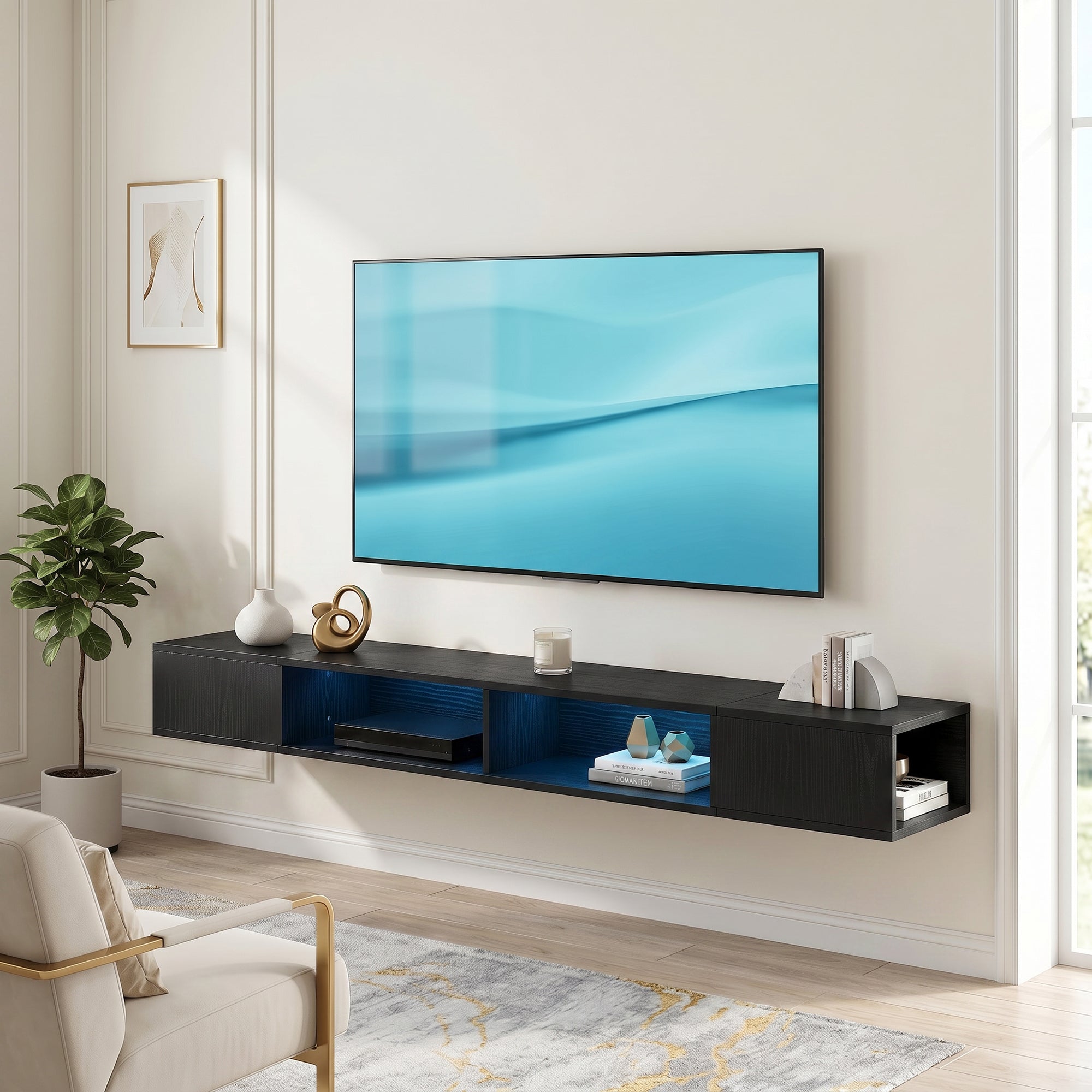 TV Stand for TVs up to 75 Inch, Modern Entertainment Center with RGB LED Lights, Floating Wall-Mounted Media Console with Open Shelves for Living Room, Black Wood Grain