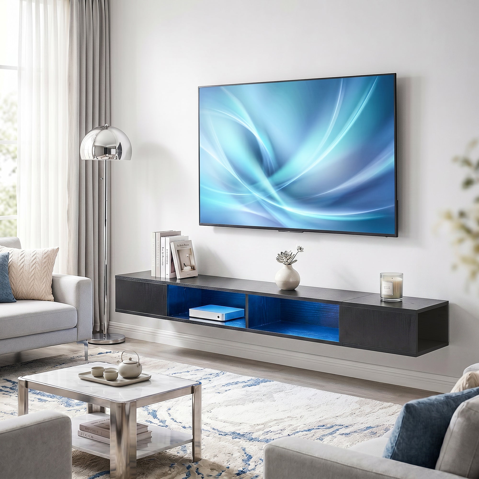 TV Stand for TVs up to 75 Inch, Modern Entertainment Center with RGB LED Lights, Floating Wall-Mounted Media Console with Open Shelves for Living Room, Black Wood Grain