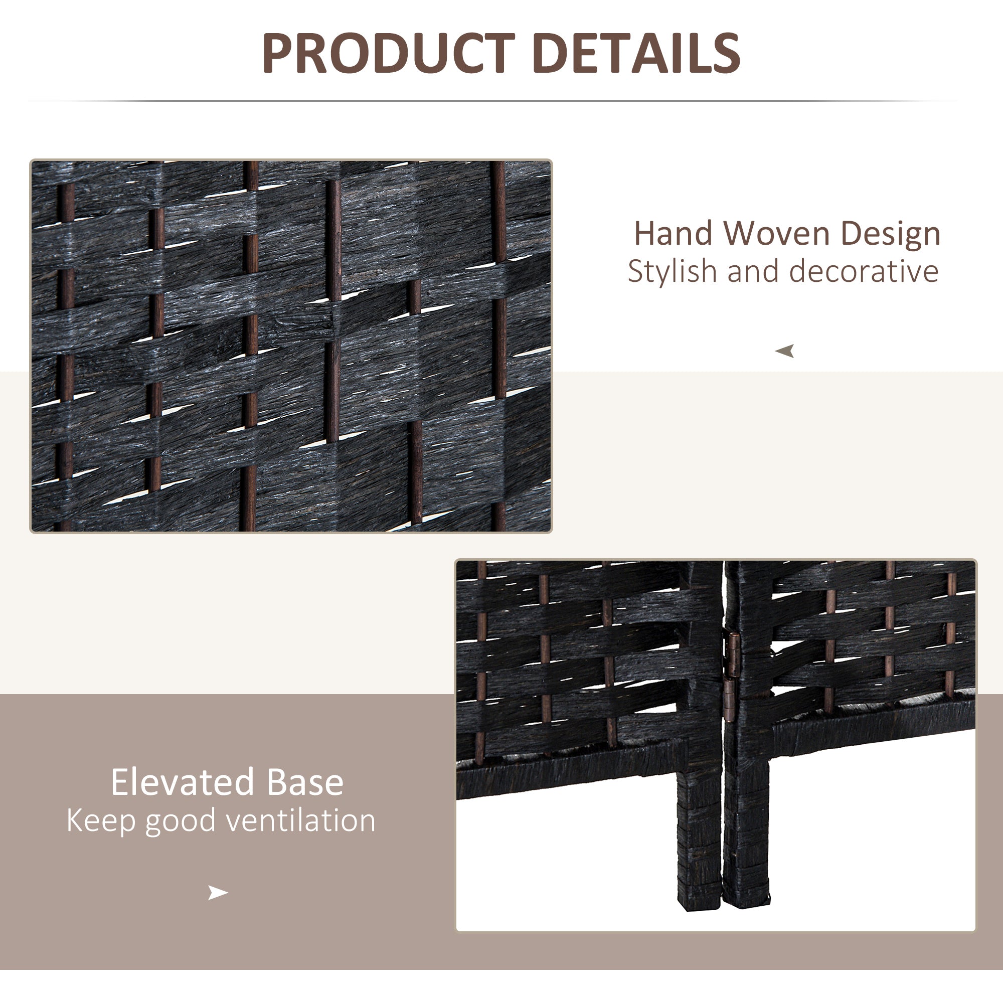HOMCOM 3 Panels Room Divider, 6 Ft Tall Indoor Portable Folding Privacy Screens, Hand-Woven Double Hinged Freestanding Partition Wall Divider for Home Office, Black