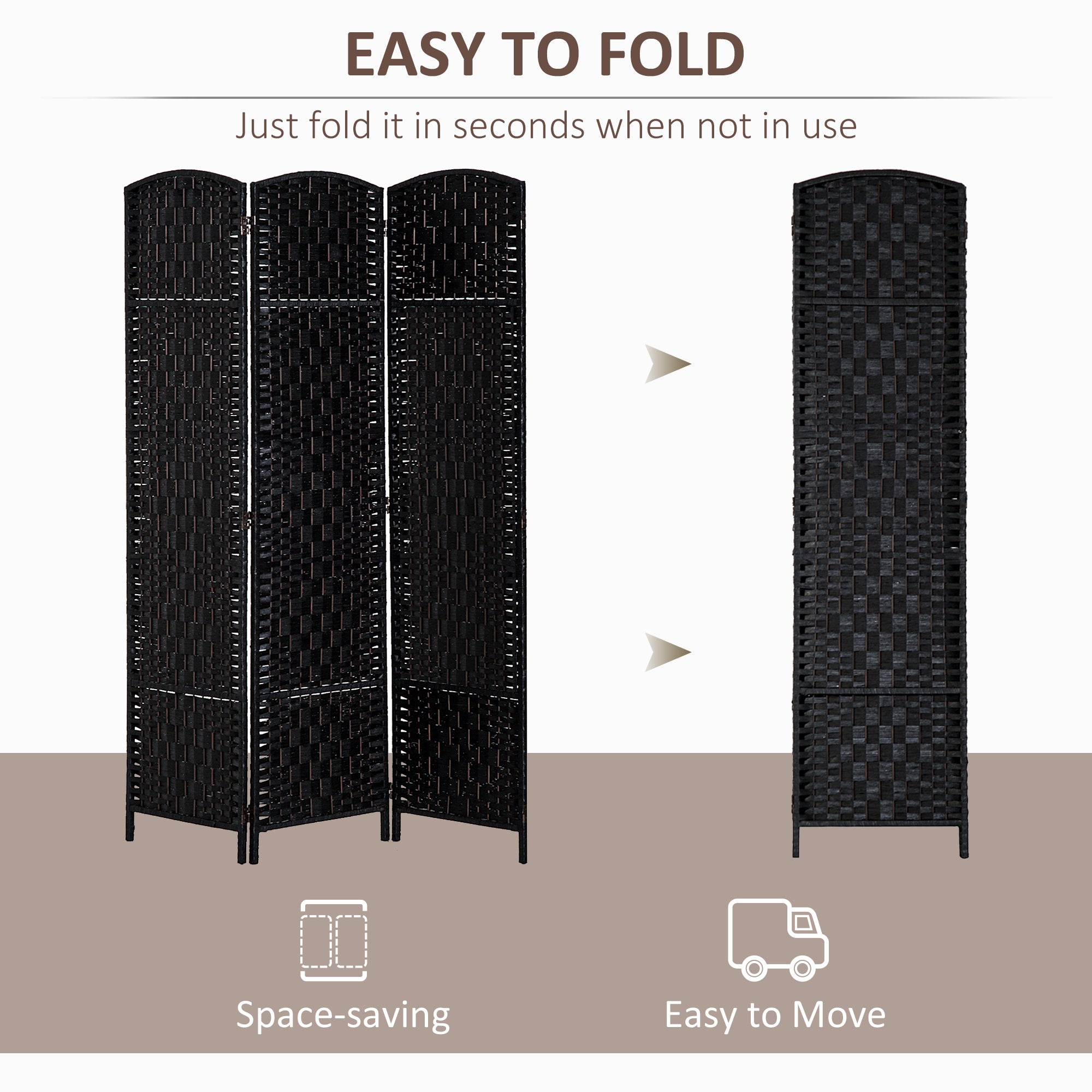 HOMCOM 3 Panels Room Divider, 6 Ft Tall Indoor Portable Folding Privacy Screens, Hand-Woven Double Hinged Freestanding Partition Wall Divider for Home Office, Black