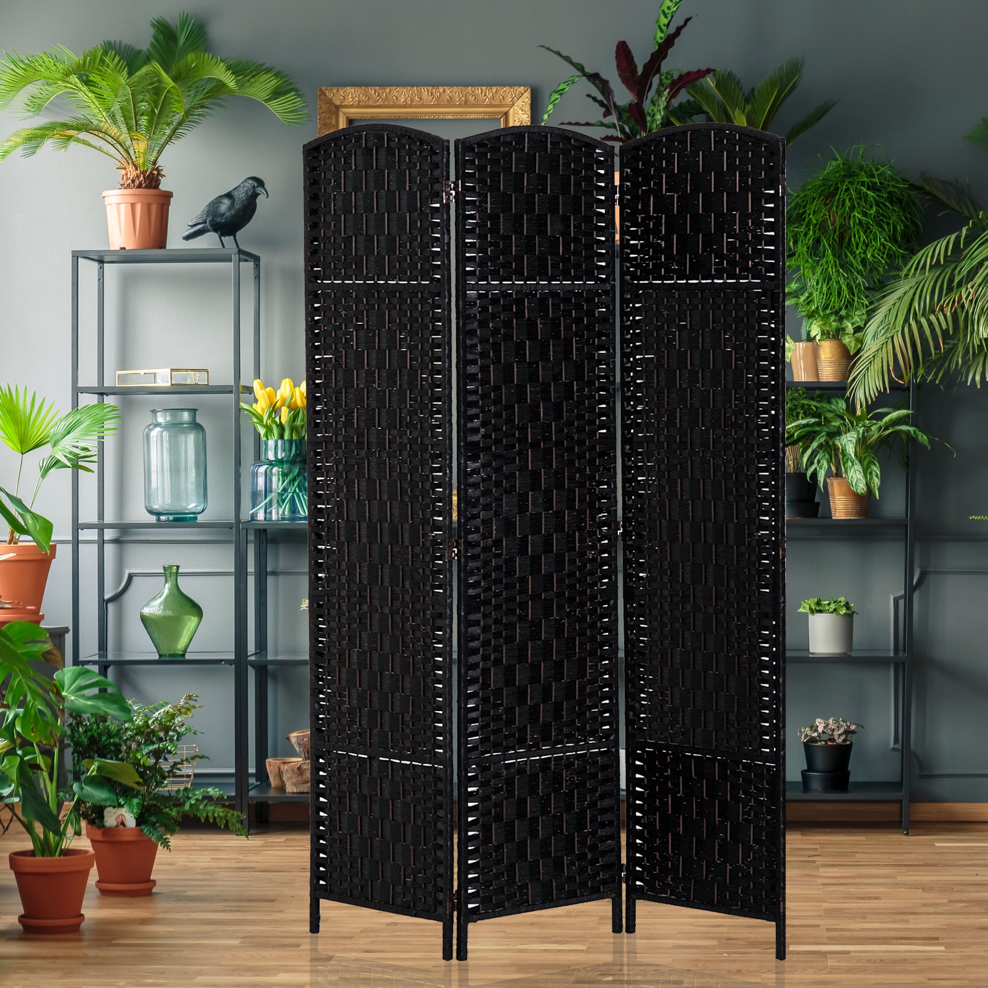 HOMCOM 3 Panels Room Divider, 6 Ft Tall Indoor Portable Folding Privacy Screens, Hand-Woven Double Hinged Freestanding Partition Wall Divider for Home Office, Black
