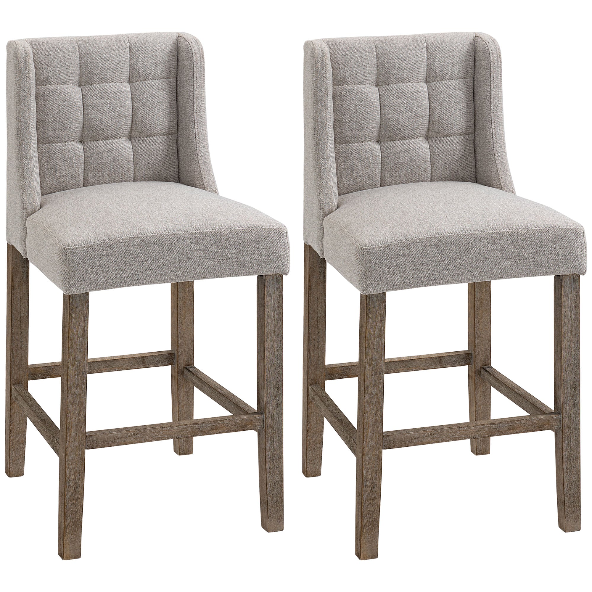 HOMCOM Counter Height Bar Stools Set of 2, Upholstered Bar Chairs with Square Tufted Backrest and Footrest, Modern Barstools for Kitchen, Dining Room, Beige