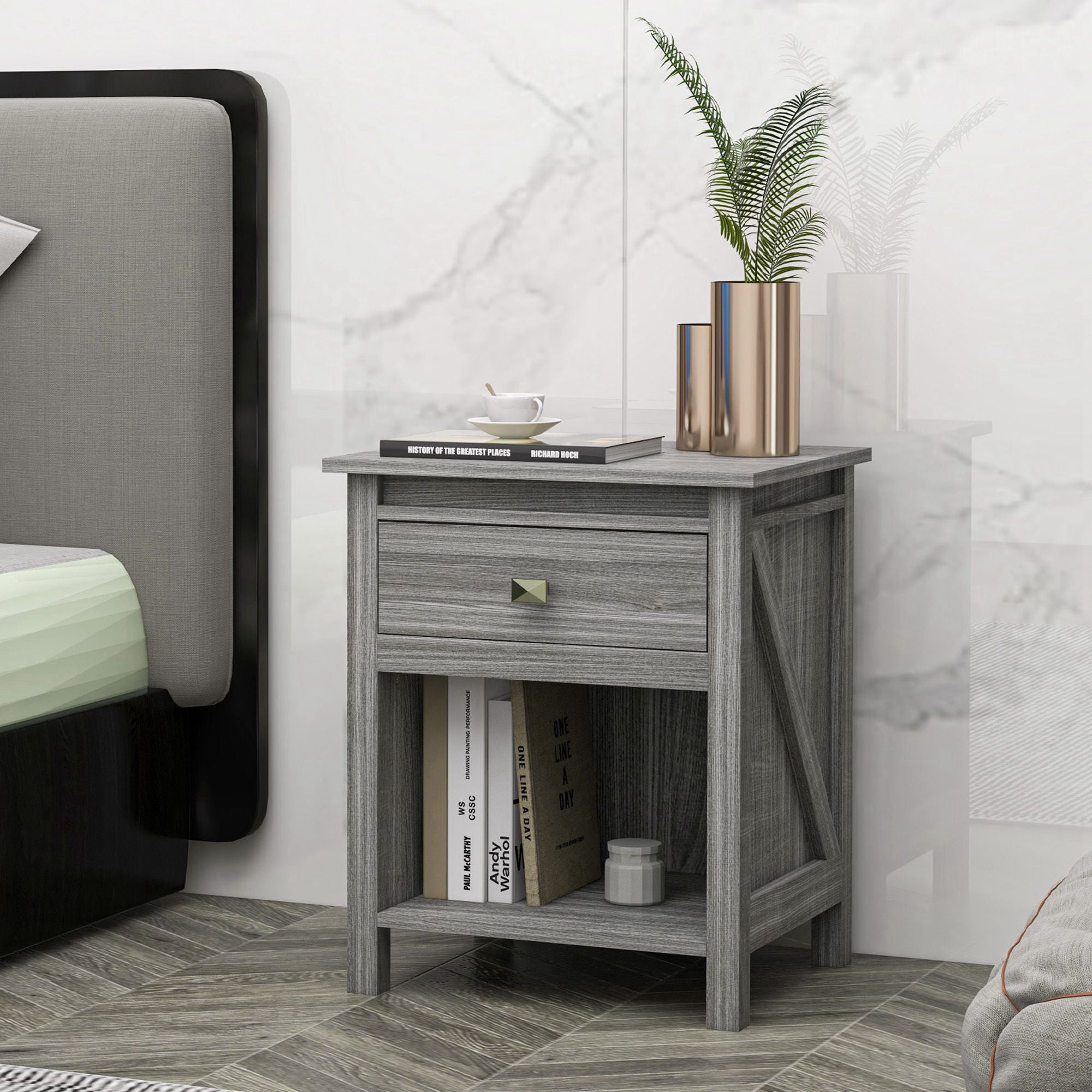 HOMCOM Farmhouse Nightstand, End Side Table with Drawer and Storage Shelf, Bedside Table for Bedroom, Grey