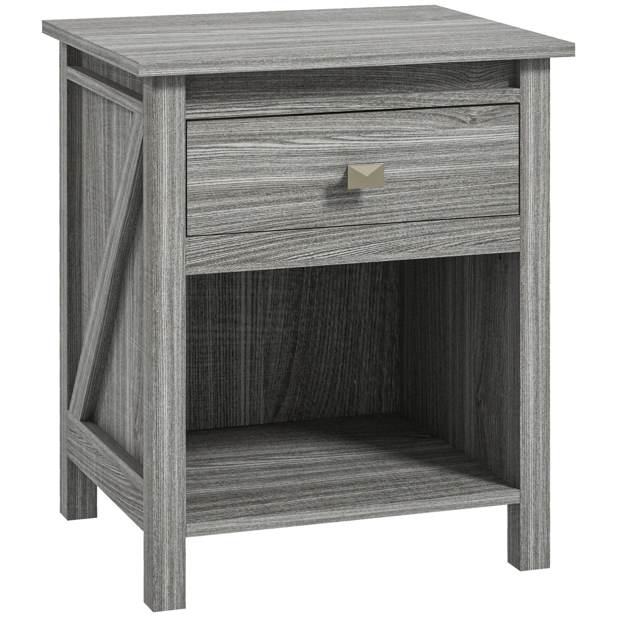 HOMCOM Farmhouse Nightstand, End Side Table with Drawer and Storage Shelf, Bedside Table for Bedroom, Grey