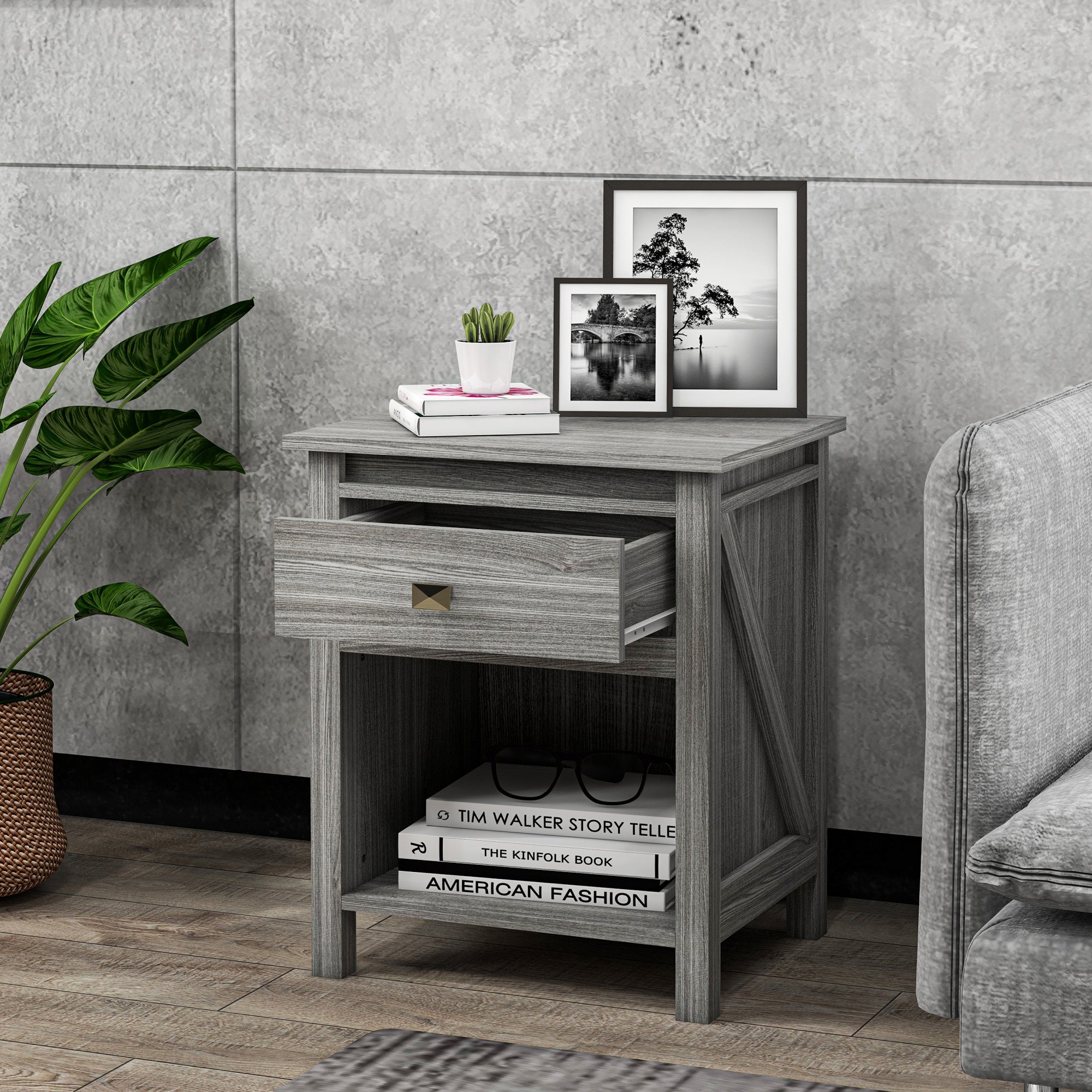 HOMCOM Farmhouse Nightstand, End Side Table with Drawer and Storage Shelf, Bedside Table for Bedroom, Grey