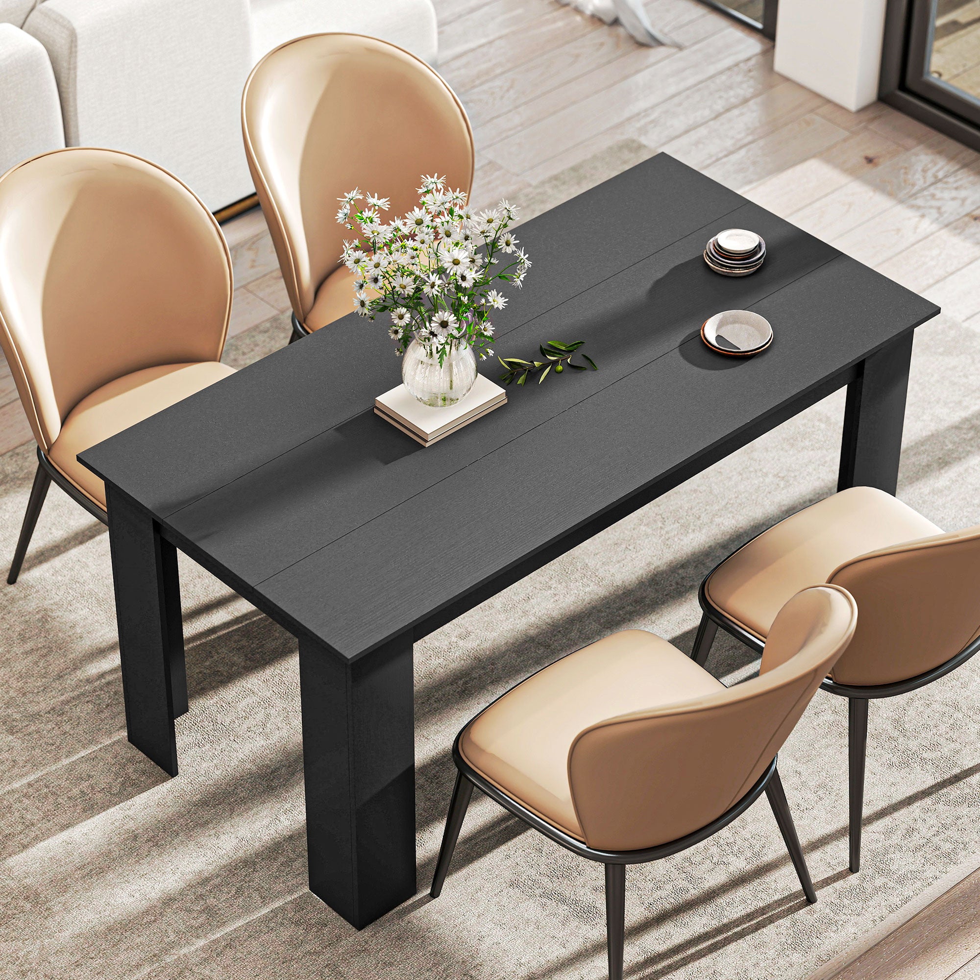 63" Dining Table for 4-6 People, Mid-Century Modern Rectangular Kitchen Table with Wood Effect for Dining Room, Living Room, Black Wood Effect