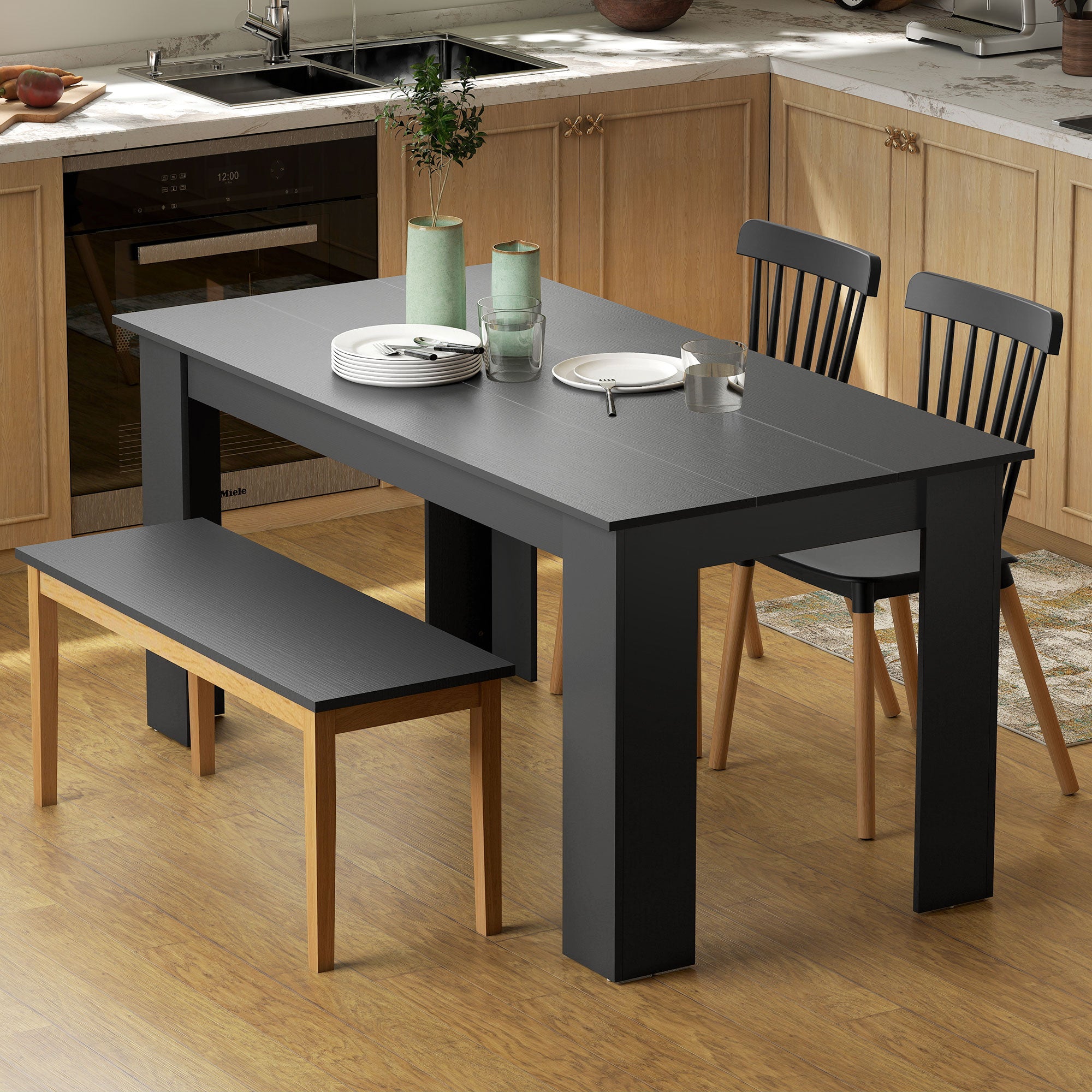 63" Dining Table for 4-6 People, Mid-Century Modern Rectangular Kitchen Table with Wood Effect for Dining Room, Living Room, Black Wood Effect