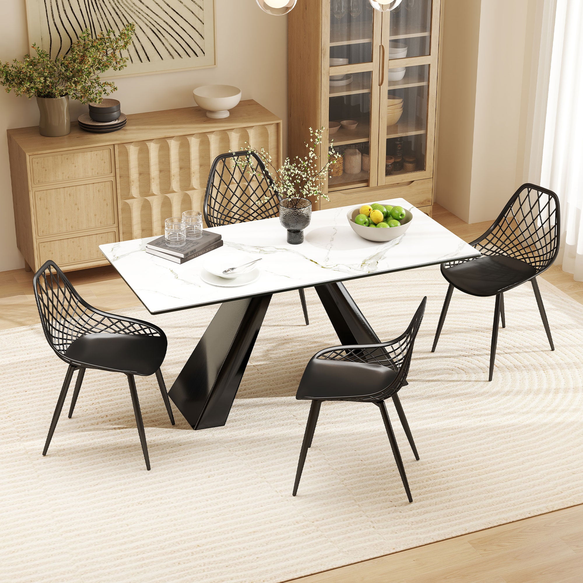 Plastic Dining Chairs Set of 4, Modern Kitchen Chairs with Hollow Backrest and Metal Legs for Living Room, Dining Room, Home Office, Black