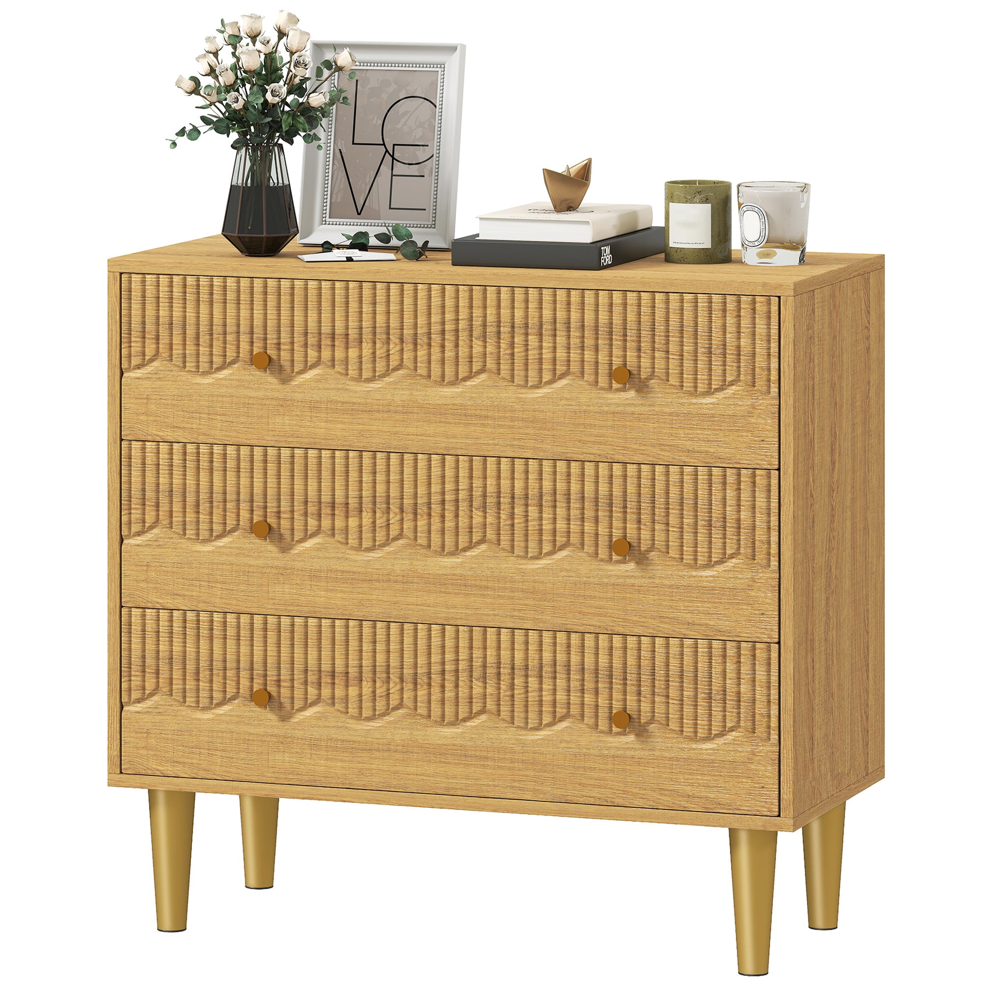 Chest of Drawers, 3 Drawer Dresser, Storage Cabinet with Steel Legs and Wooden Top for Bedroom, Living Room, Oak